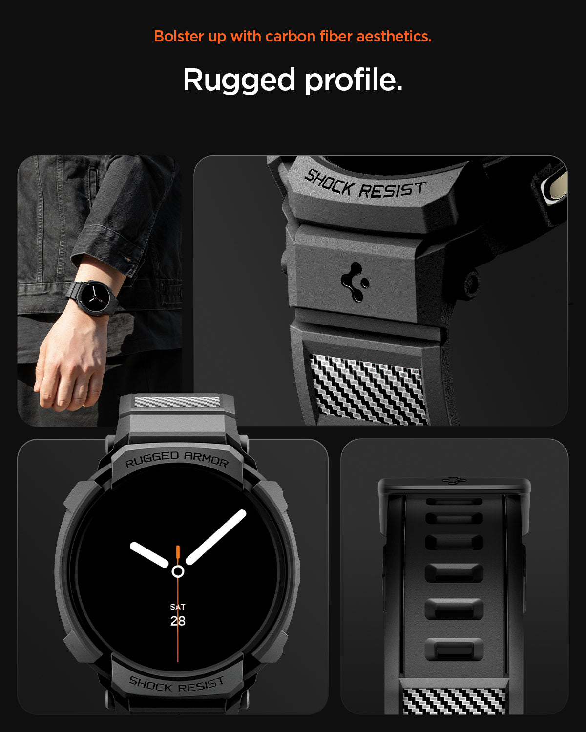 ACS10007 - Galaxy Watch 8 Rugged Armor Pro showing bolster up with carbon fiber aesthetics. rugged profile.