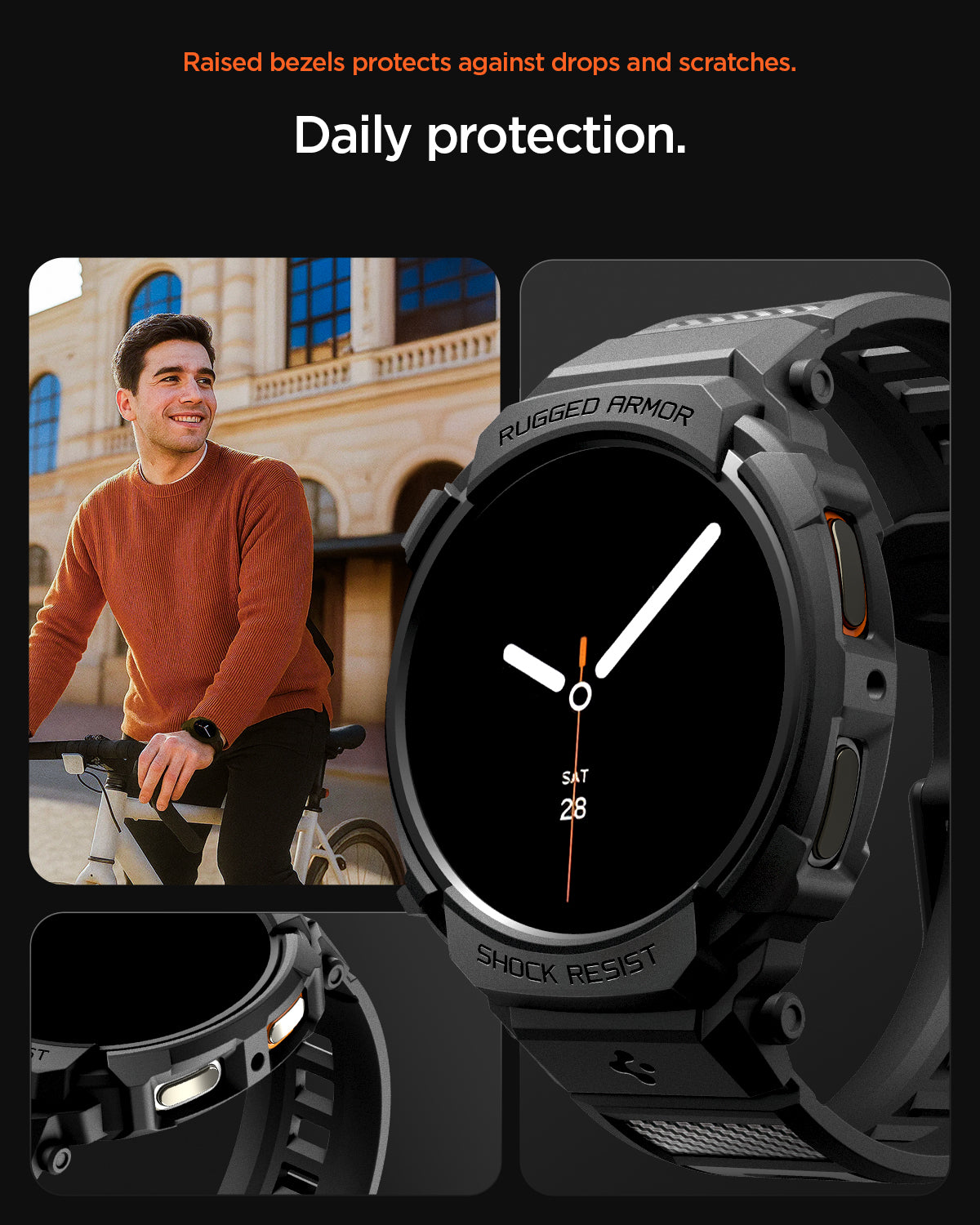 ACS10007 - Galaxy Watch 8 Rugged Armor Pro showing raised bezels to defend against drops and scratches. Daily protection.