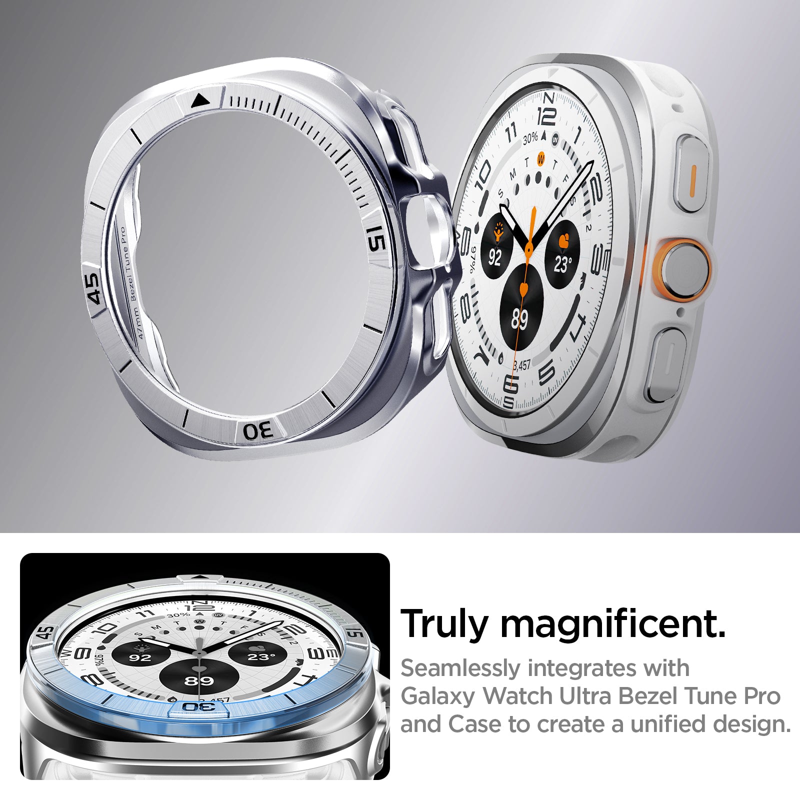 ACS08828 - Watch Ultra (47mm) Case Bezel Tune Pro in Silver truly magnificent. Seamlessly integrates with galaxy watch7 bezel tune and case to create a unified design.