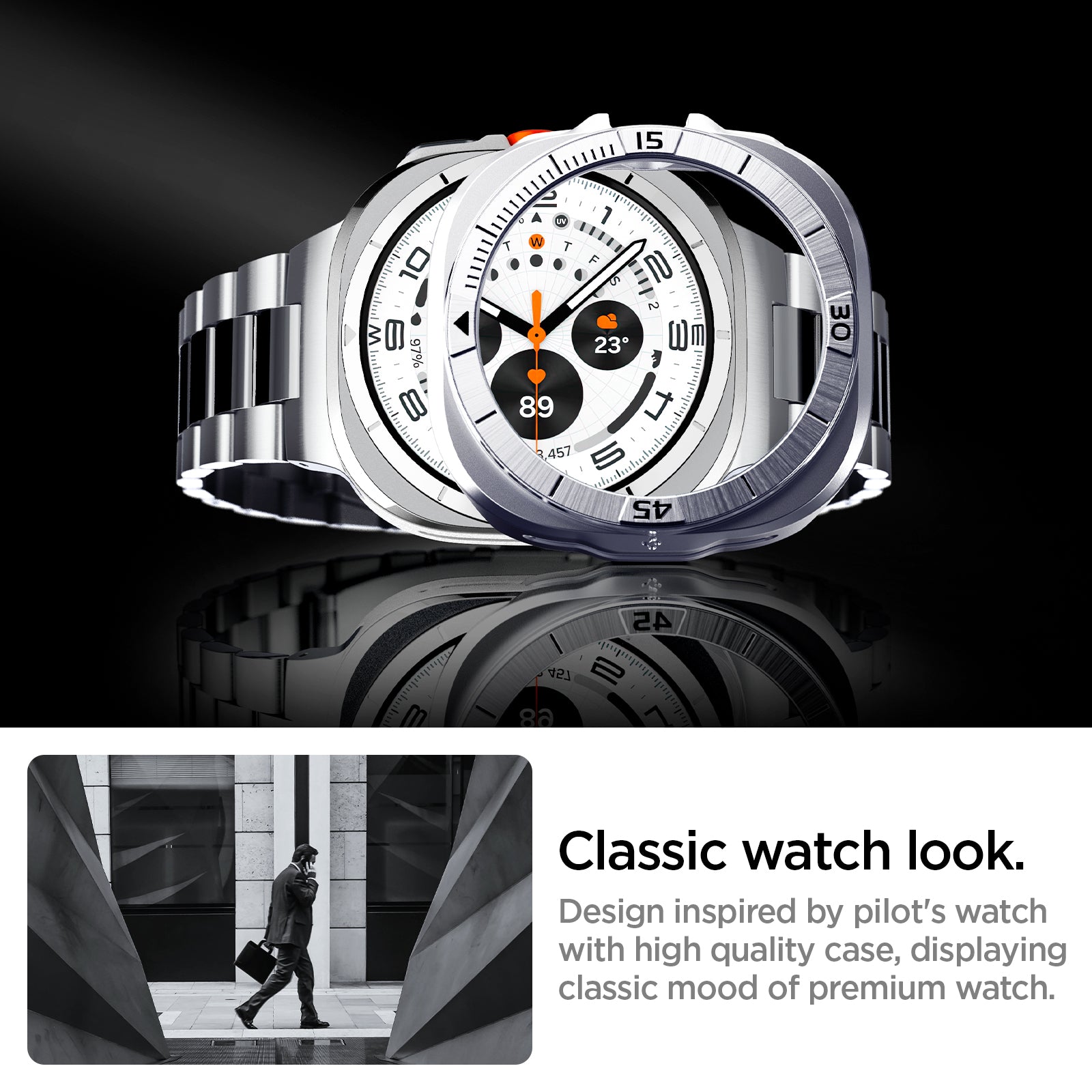 ACS08828 - Watch Ultra (47mm) Case Bezel Tune Pro in Silver classic watch look. Design inspired by pilot's watch with high quality case, displaying classic mood of premium watch.