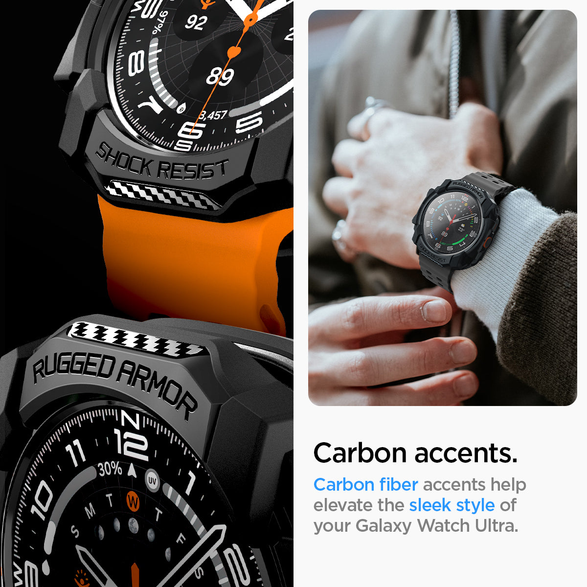 ACS08426 - Galaxy Watch Ultra (47mm) Rugged Armor in Matte Black carbon accents carbon fiber accents help elevate the sleek style of your galaxy watch 7