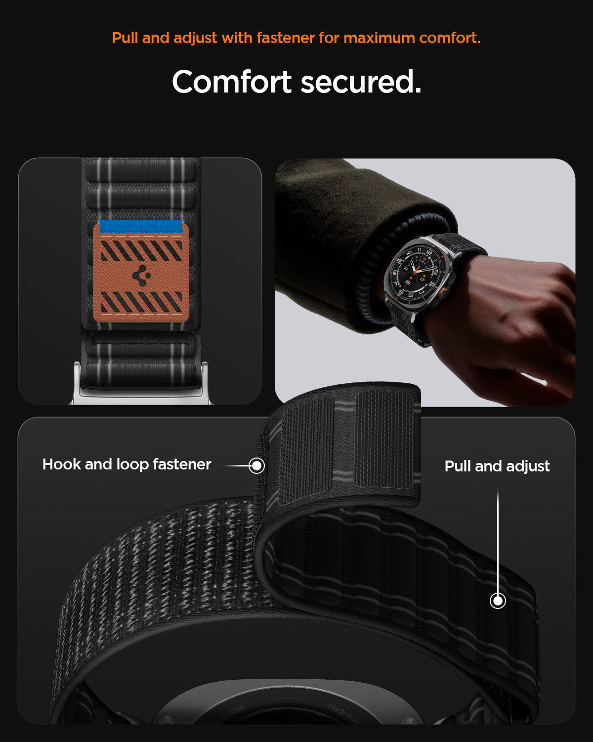 AMP10146 - Galaxy Watch Ultra WBF0 in black showing pull and adjust with fastener for maximum comfort. comfort secured