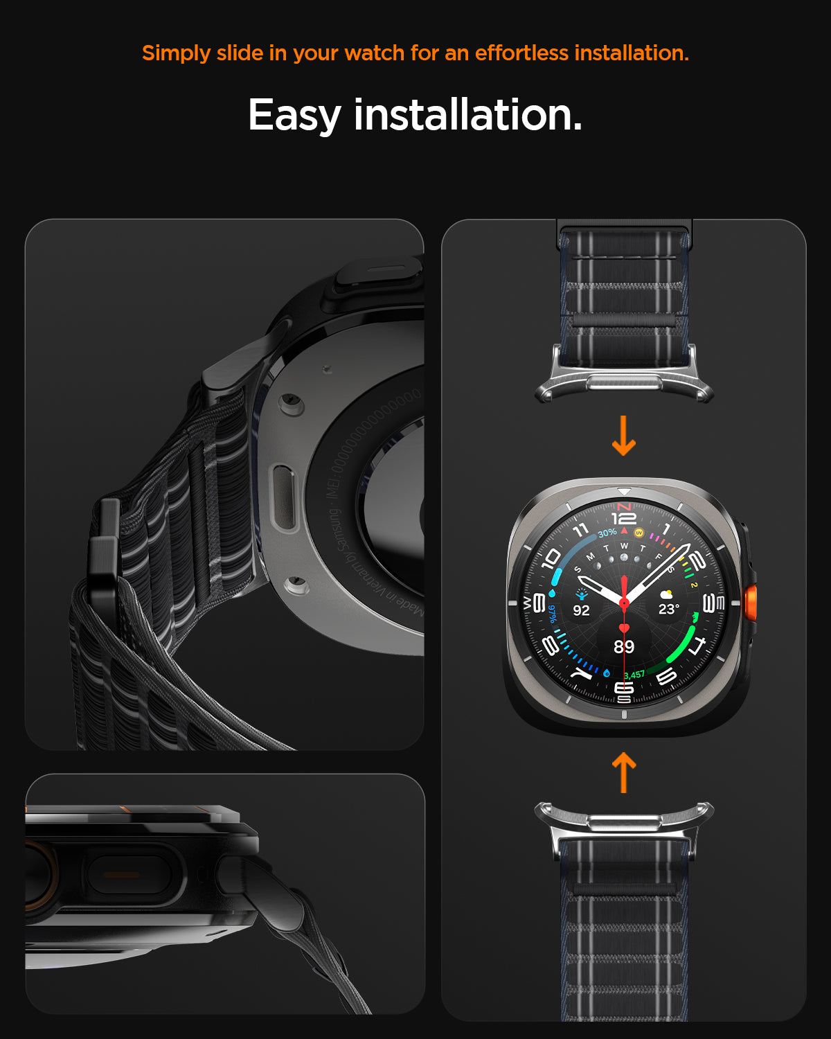 AMP10146 - Galaxy Watch Ultra WBF0 in black showing simply slide in your watch for an effortless installation.
