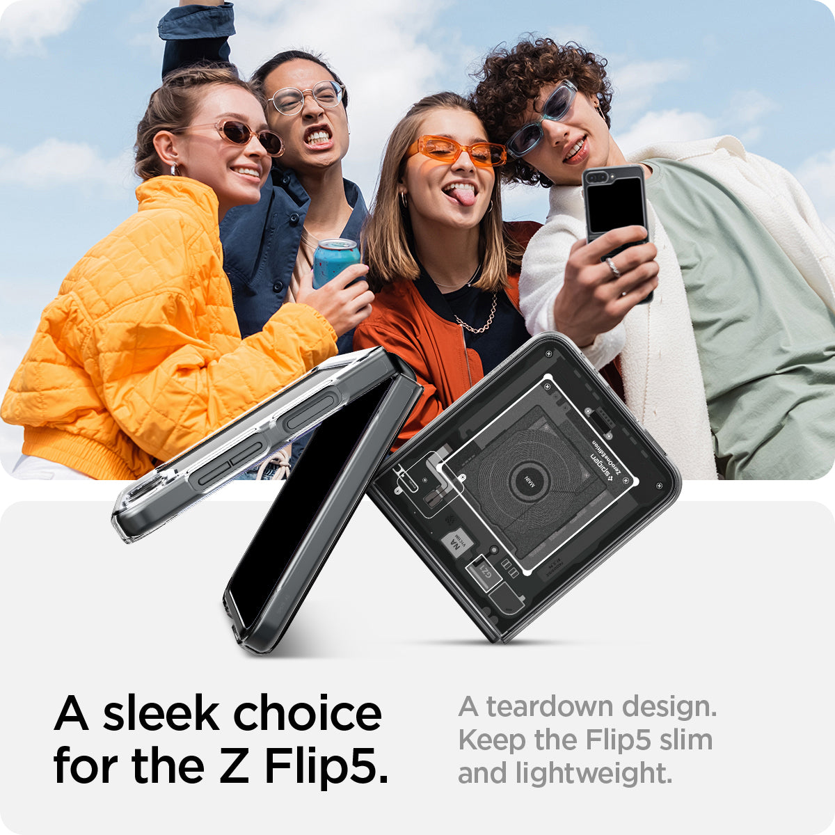 ACS06971 - Galaxy Z Flip 5 Case AirSkin Zero One showing the sleek choice for the Z Flip 5. A teardown design. Keep the Flip 5 slim and lightweight