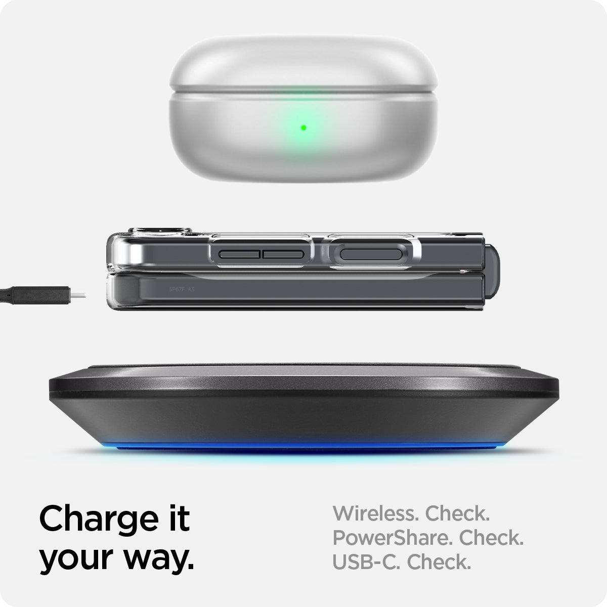 ACS06971 - Galaxy Z Flip 5 Case AirSkin Zero One showing the charge it your way. Wireless, PowerShare and USB-C all check