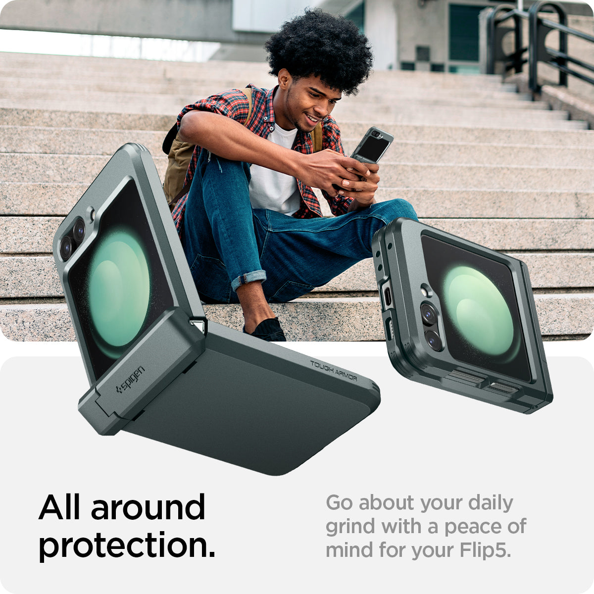 ACS06228 - Galaxy Z Flip 5 Case Tough Armor Pro in abyss green showing the all-around protection. Go about your daily grind with a peace of mind of your Flip 5