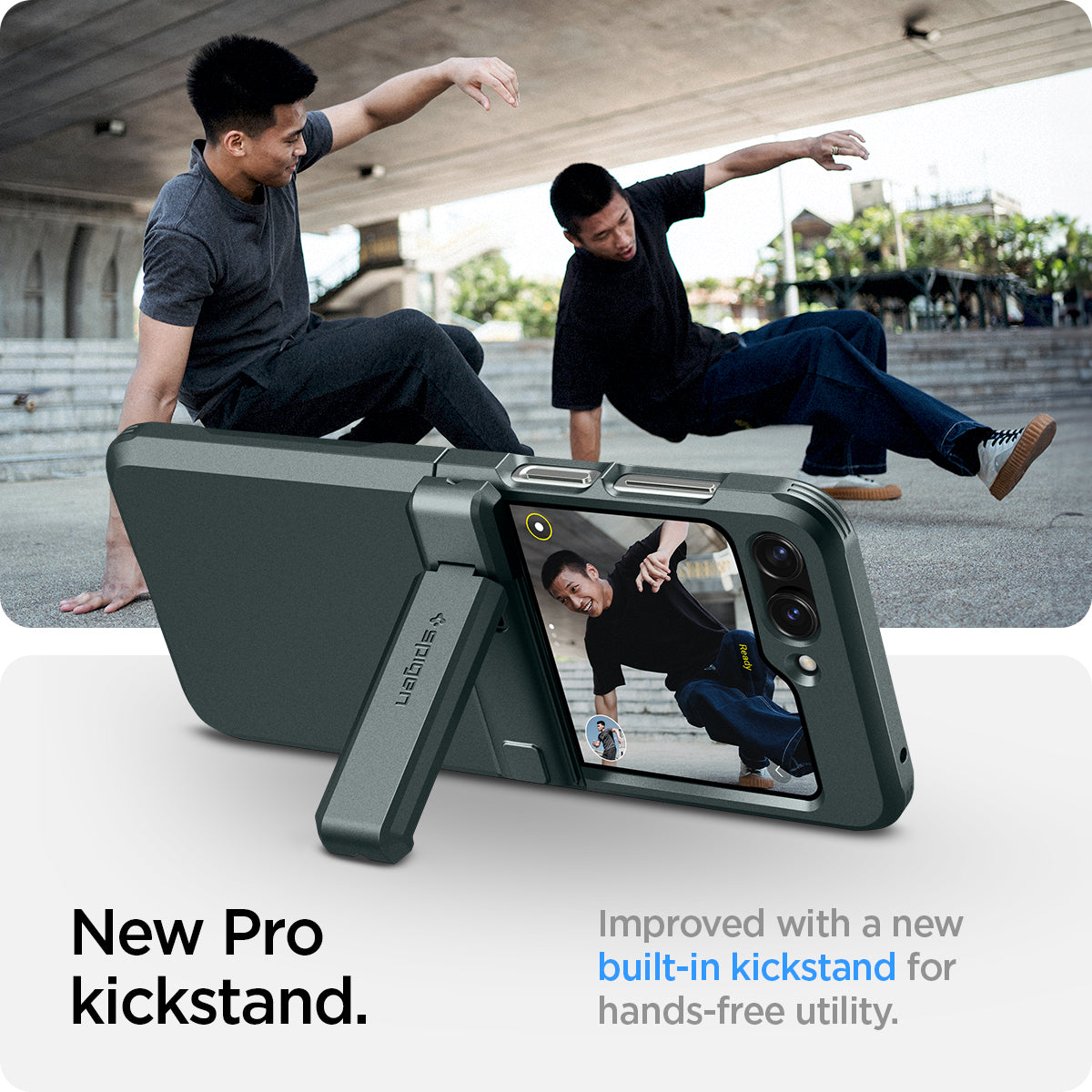 ACS06228 - Galaxy Z Flip 5 Case Tough Armor Pro in abyss green showing the new pro kickstand. Improved with a new built-in kickstand for hands-free utility