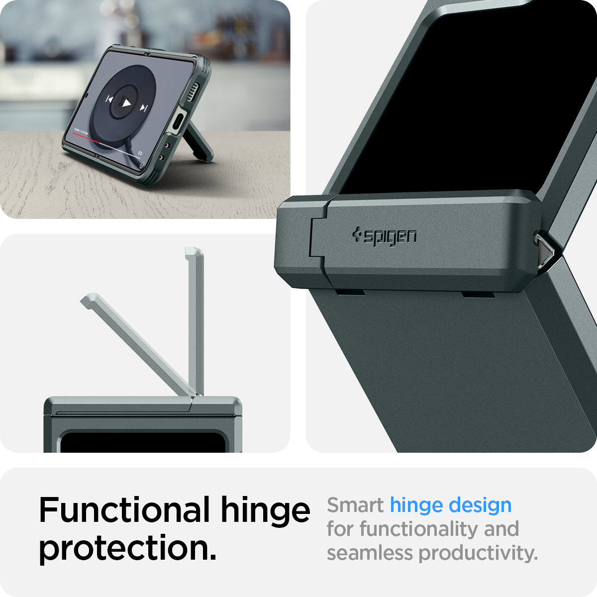 ACS06228 - Galaxy Z Flip 5 Case Tough Armor Pro in abyss green showing the functional hinge protection. Smart hinge design for functionality and seamless productivity