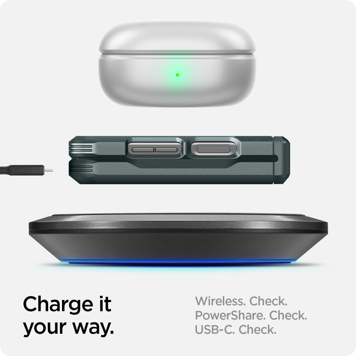 ACS06228 - Galaxy Z Flip 5 Case Tough Armor Pro in abyss green showing the charge it your way. Wireless, PowerShare and USB-C all check