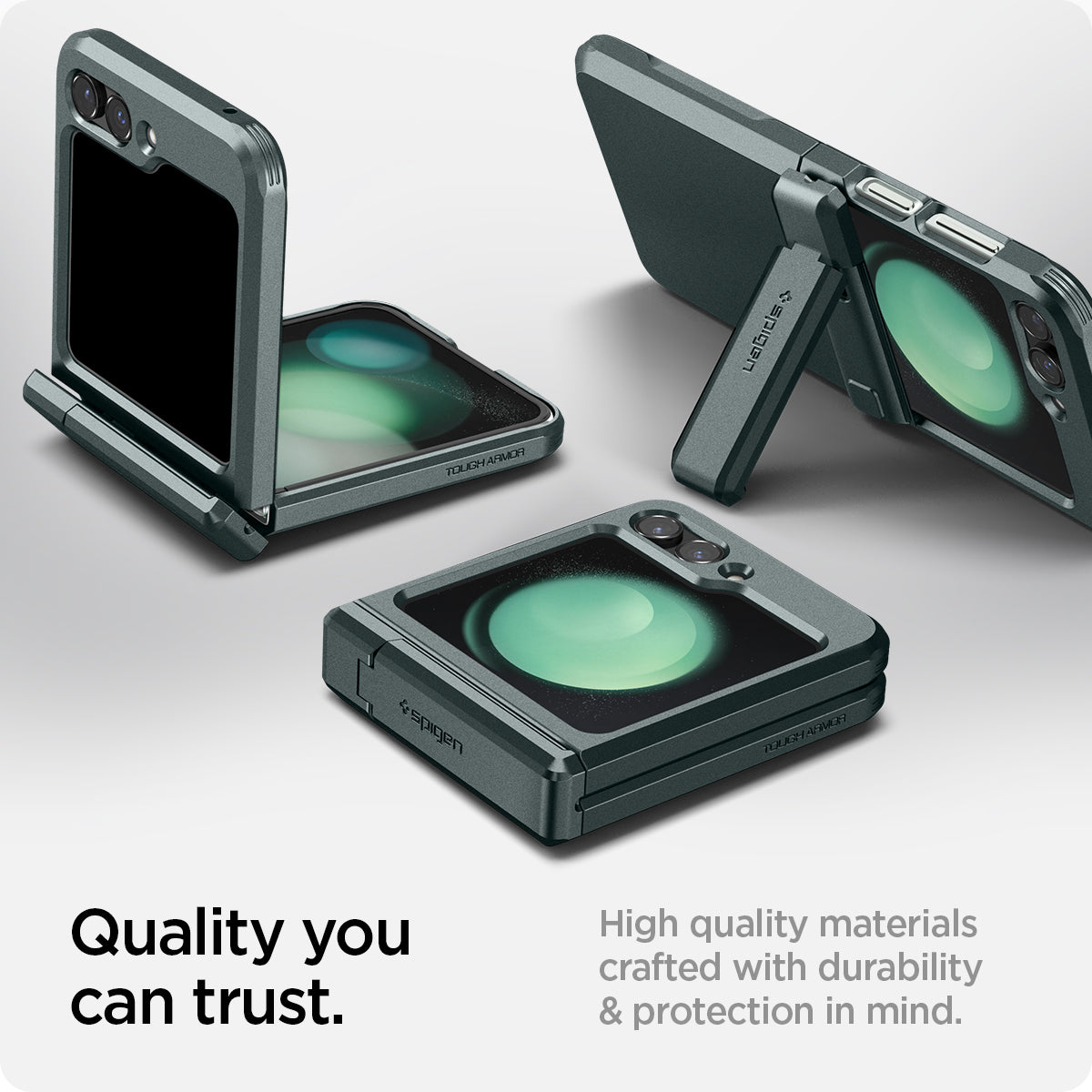 ACS06228 - Galaxy Z Flip 5 Case Tough Armor Pro in abyss green showing the quality you can trust. High quality materials crafted with durability & protection in mind