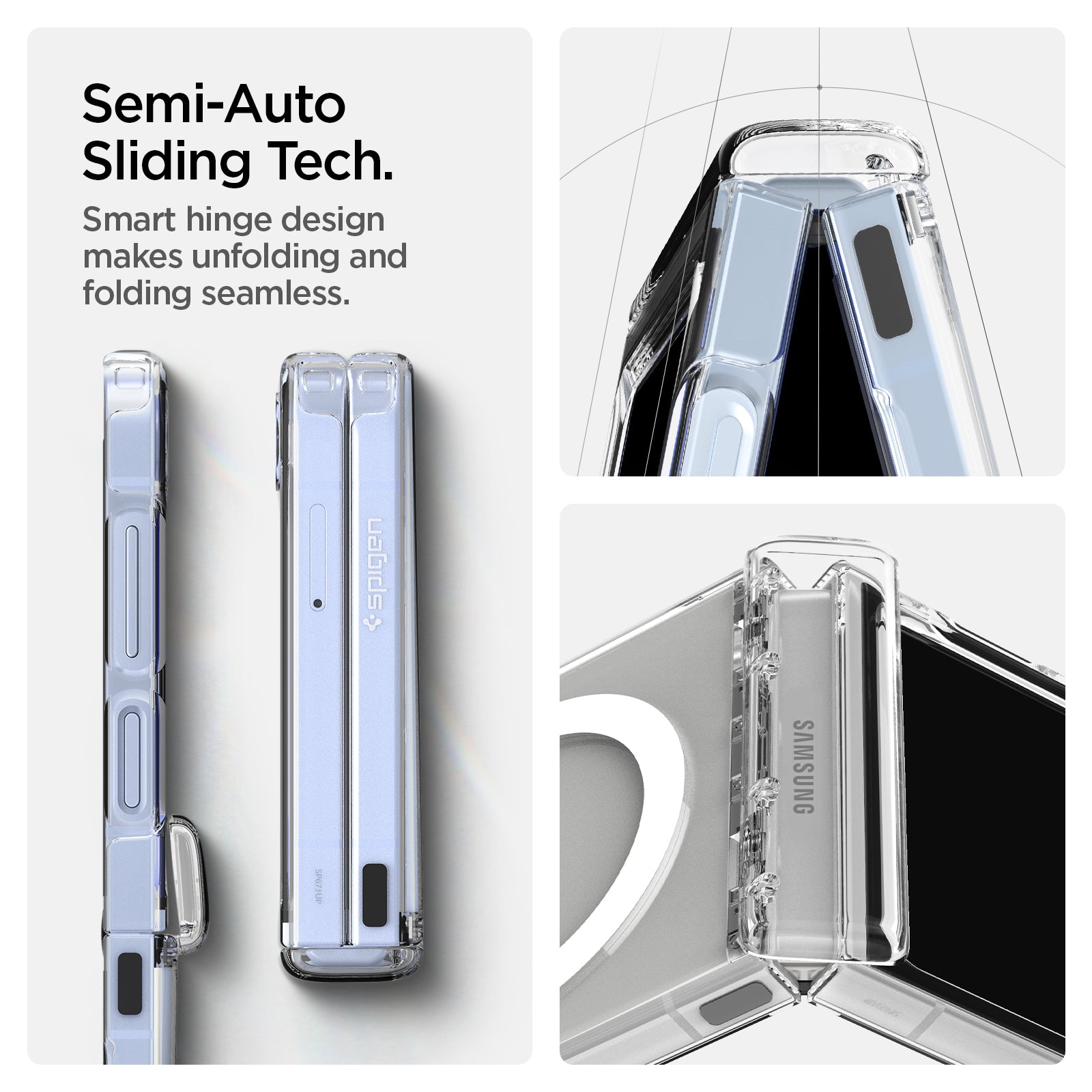 ACS09806 - Galaxy Z Flip 7 FE Series Ultra Hybrid Pro (MagFit) showing semi auto sliding tech. Smart hinge design makes unfolding and folding seamless.