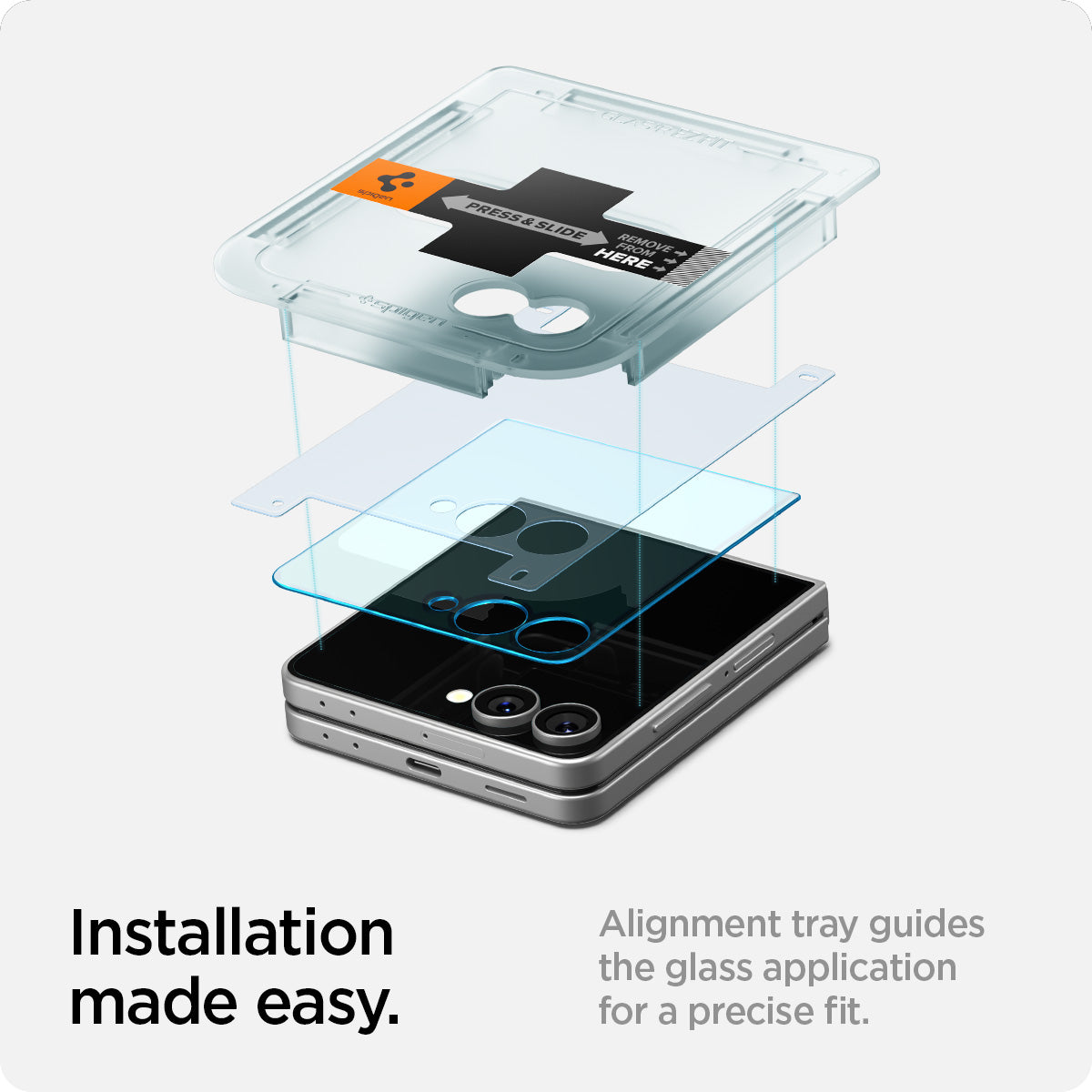AGL09582 - Galaxy Z Flip 7 Screen Protector EZ Fit GLAS.tR showing the installation made easy. Alignment tray guides the glass application for a precise fit