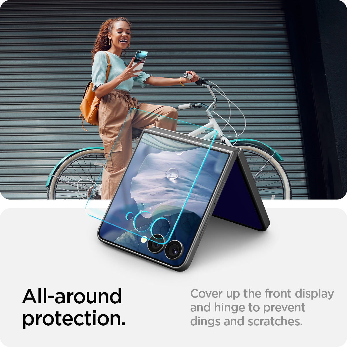 AGL09582 - Galaxy Z Flip 7 Screen Protector EZ Fit GLAS.tR showing the all around protection. Cover up the front display and hinge to prevent dings and scratches
