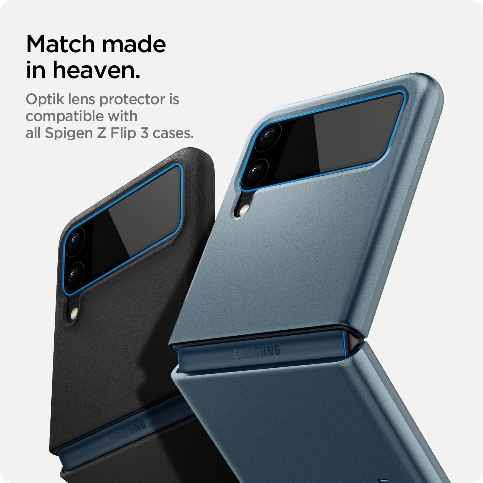 AGL03155 - Galaxy Z Flip 3 Optik Lens Protector + Hinge Film showing the match made in heaven. Optik lens protector is compatible with all Spigen Z Flip 3 cases