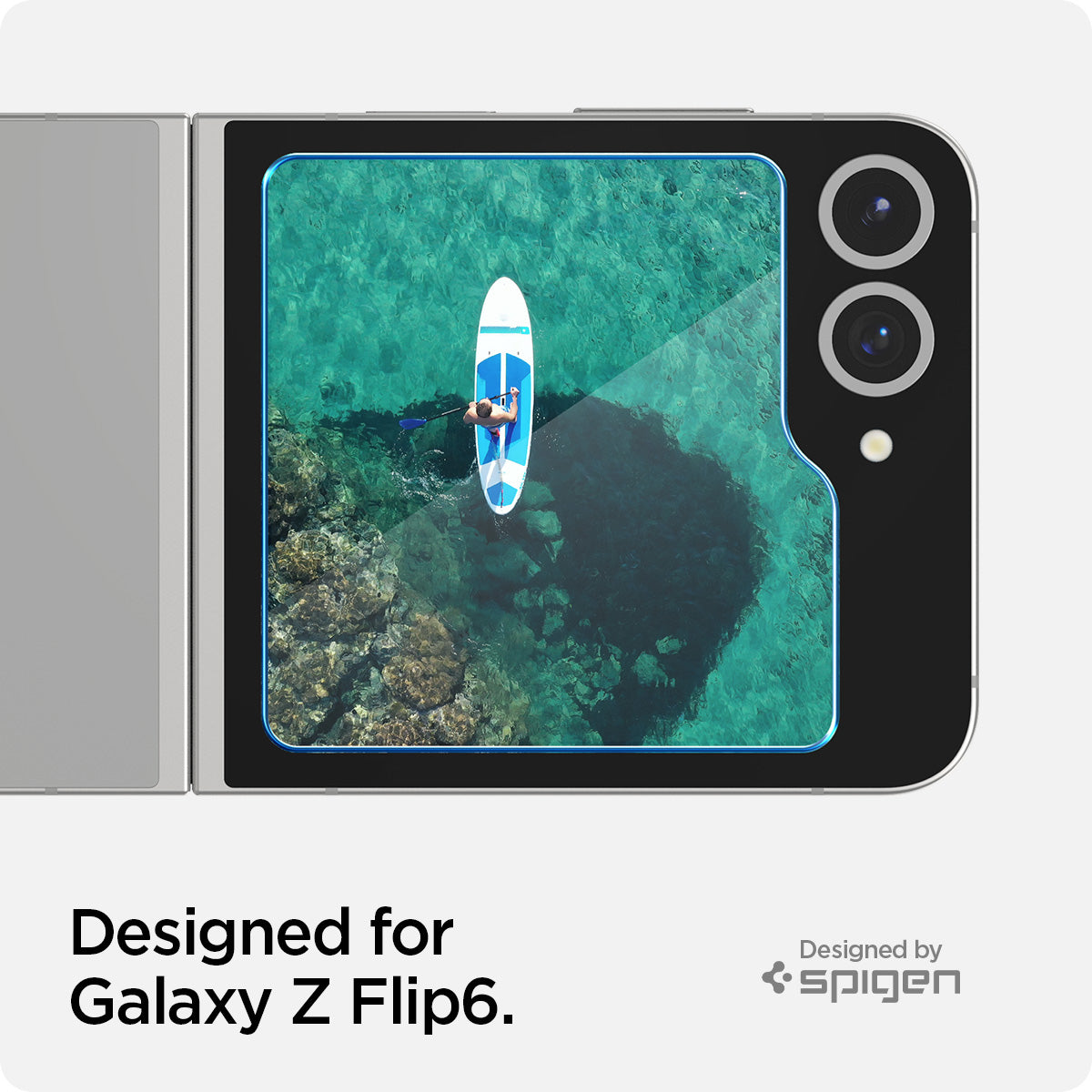 AGL07972 - Galaxy Z Flip 6 GLAS.tR EZ Fit showing the back screen with lens camera zoomed in