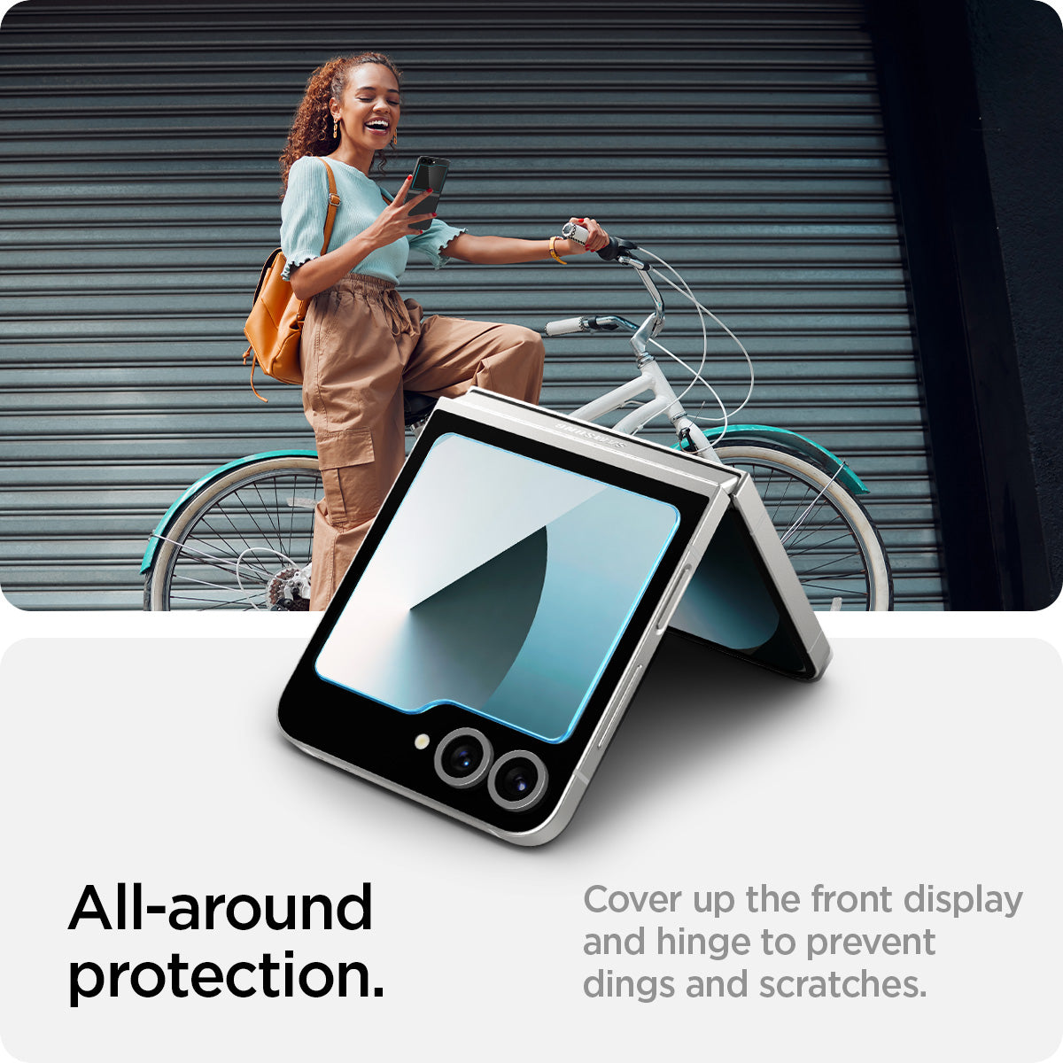 AGL07972 - Galaxy Z Flip 6 GLAS.tR EZ Fit showing the all-around protection. Cover up the front display and hinge to prevent dings and scratches