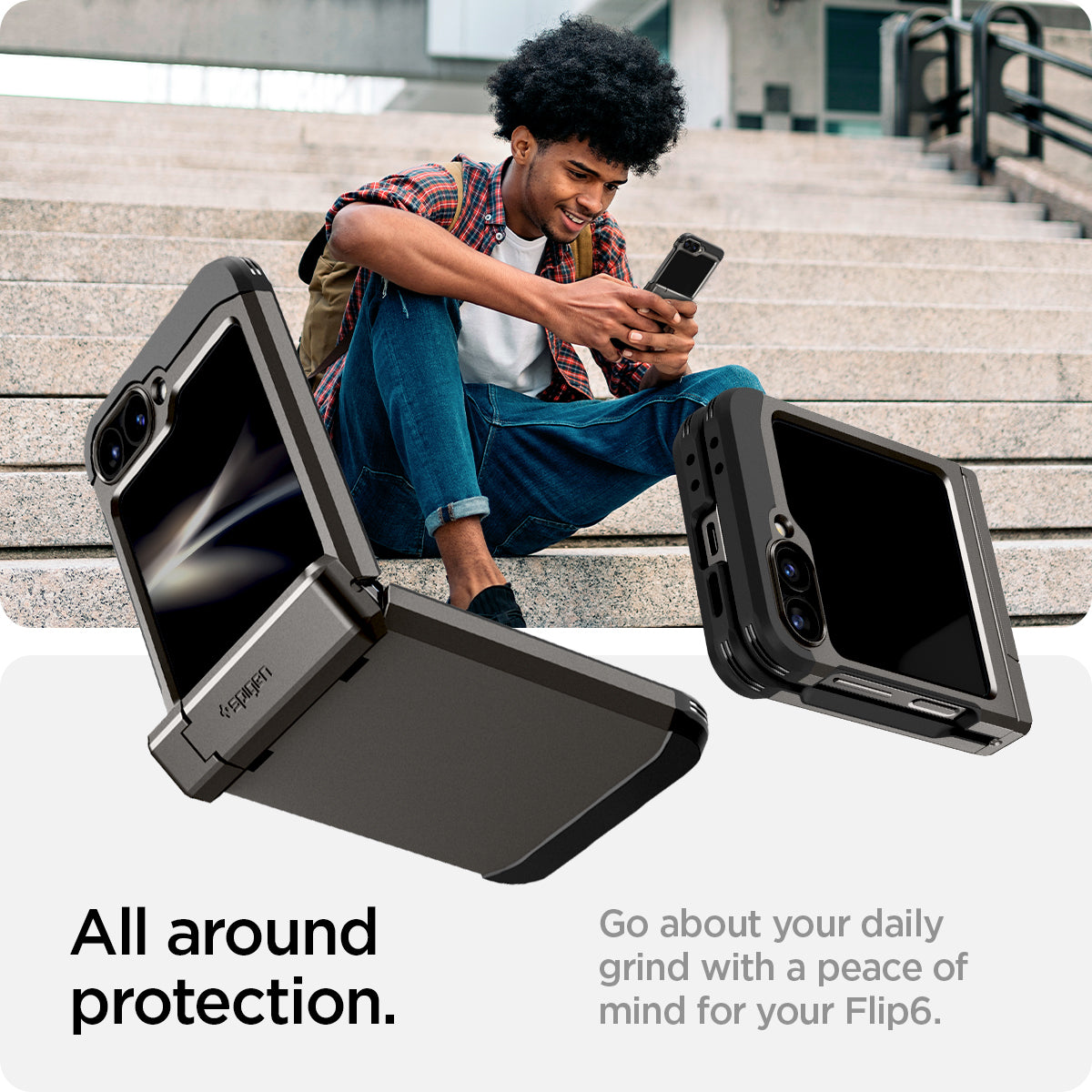 ACS08360 - Galaxy Z Flip 6 Case Tough Armor Pro in Gunmetal showing the all around protection. Go about your daily grind a peach of mind for your Flip6