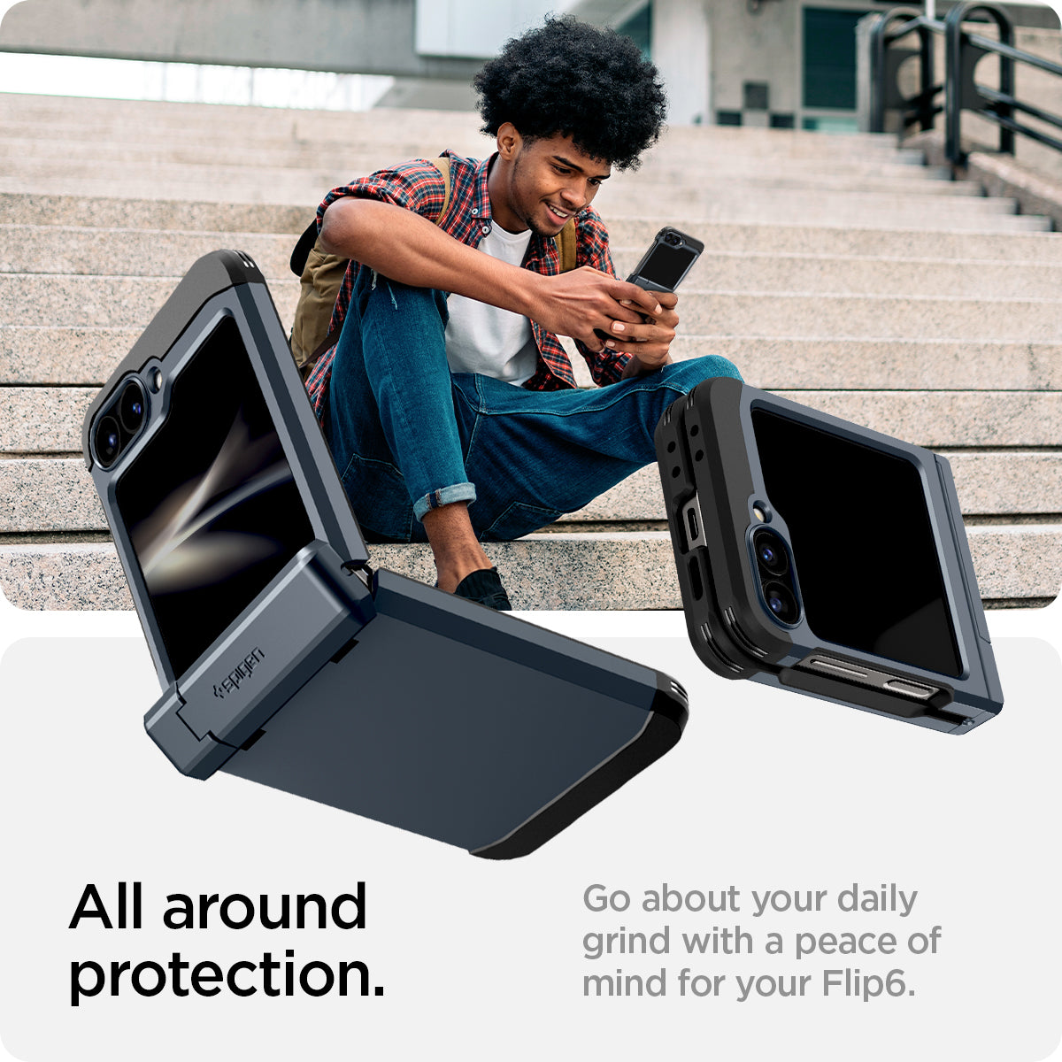 ACS08292 - Galaxy Z Flip 6 Case Tough Armor Pro in Metal Slate showing the all around protection. Go about your daily grind a peach of mind for your Flip6
