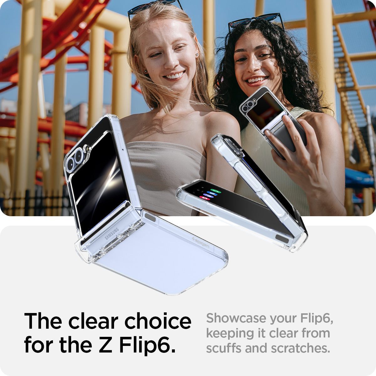 ACS07834 - Galaxy Z Flip 6 Case Ultra Hybrid Pro in Crystal Clear showing the clear choice for the Z Flip 6. Showcase your Flip 6, keeping it clear from scuffs and scratches