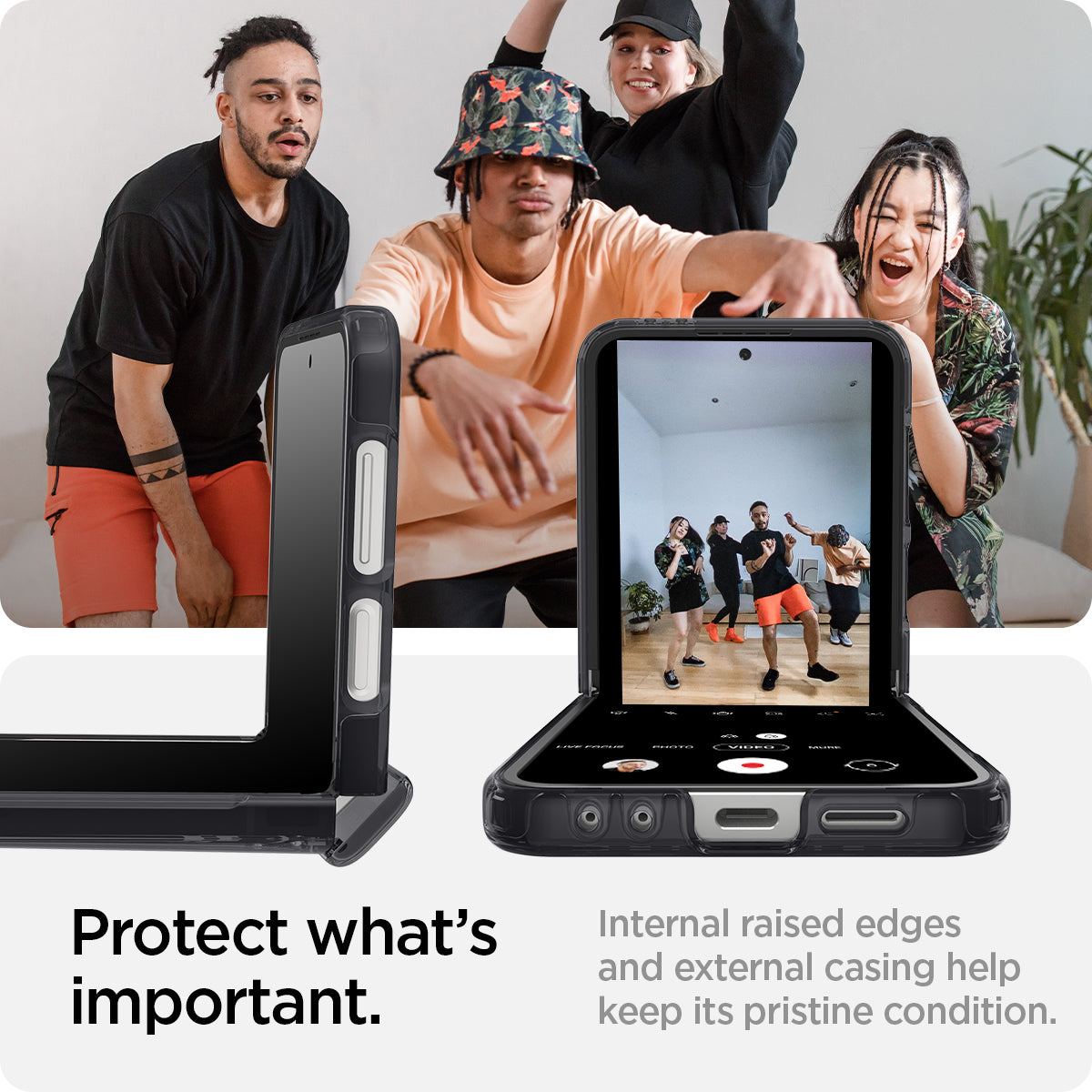ACS08289 - Galaxy Z Flip 6 Case Ultra Hybrid Pro Zero One in Zero One showing the internal raised edges and external casing help keep its pristine condition