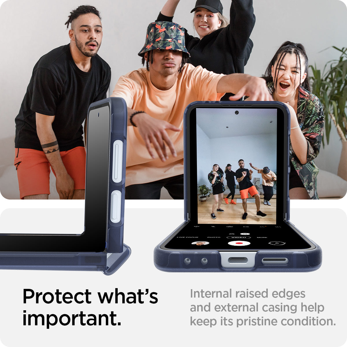 ACS08288 - Galaxy Z Flip 6 Case Ultra Hybrid Pro in Frost Navy Blue showing the internal raised edges and external casing help keep its pristine condition