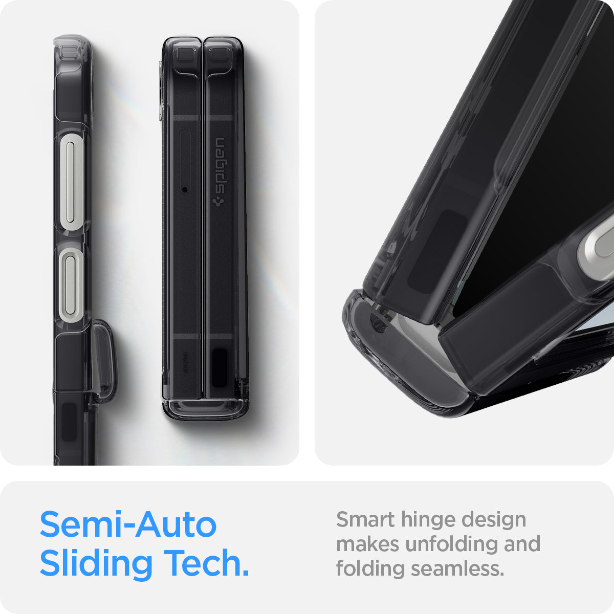 ACS08289 - Galaxy Z Flip 6 Case Ultra Hybrid Pro Zero One in Zero One showing the semi-auto sliding tech. Smart hinge design makes unfolding and folding seamless