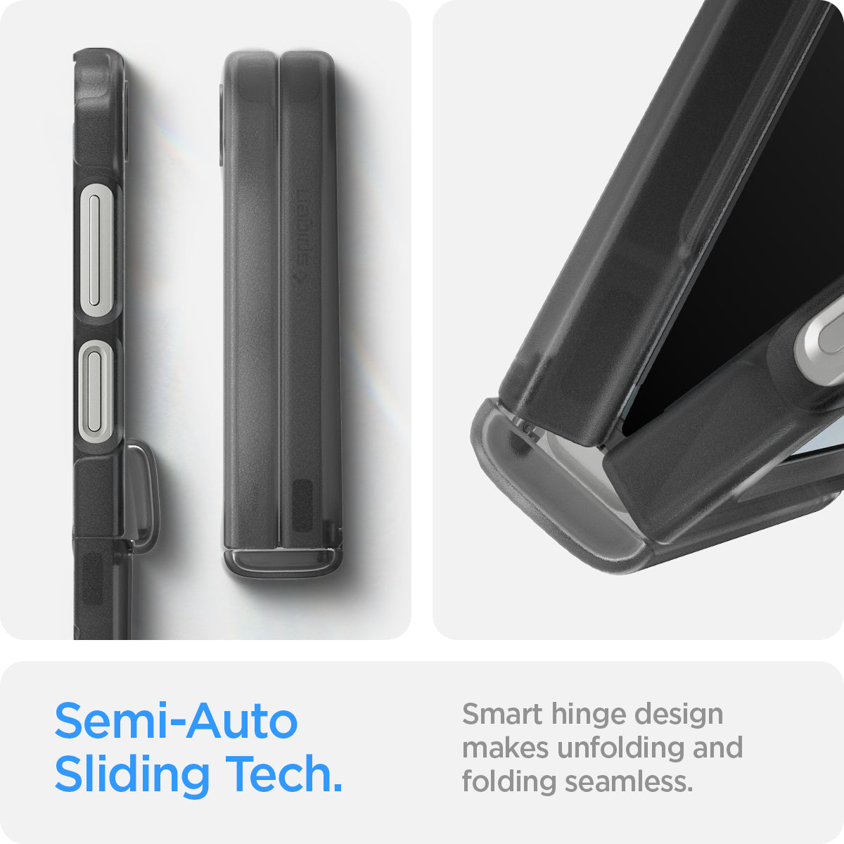 ACS07835 - Galaxy Z Flip 7 FE Case Ultra Hybrid Pro in Frost Gray showing the Semi-Auto Sliding Tech. Smart hinge design makes unfolding and folding seamless