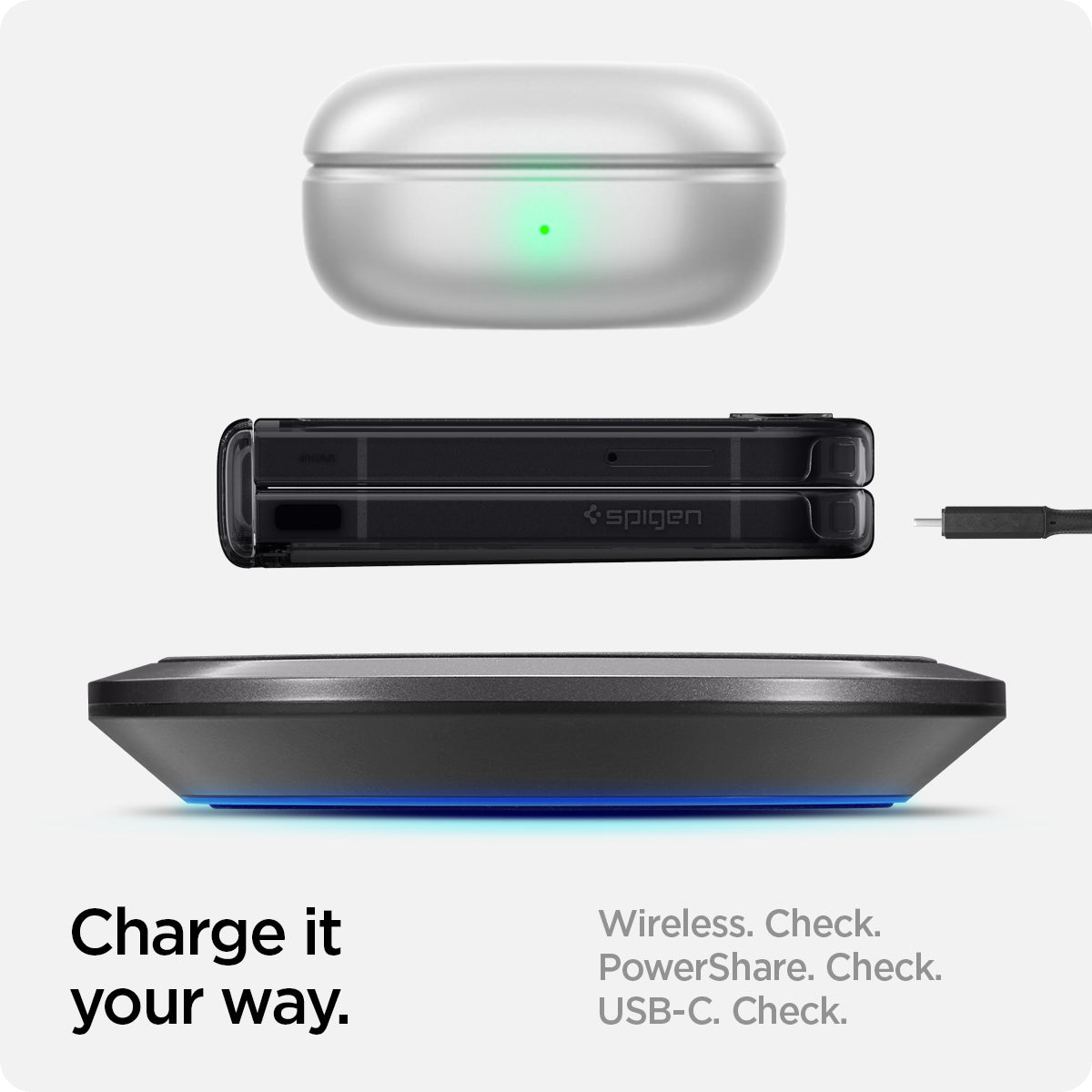 ACS08289 - Galaxy Z Flip 6 Case Ultra Hybrid Pro Zero One in Zero One showing how to charge it your way. Wireless, PowerShare and USB-C all check