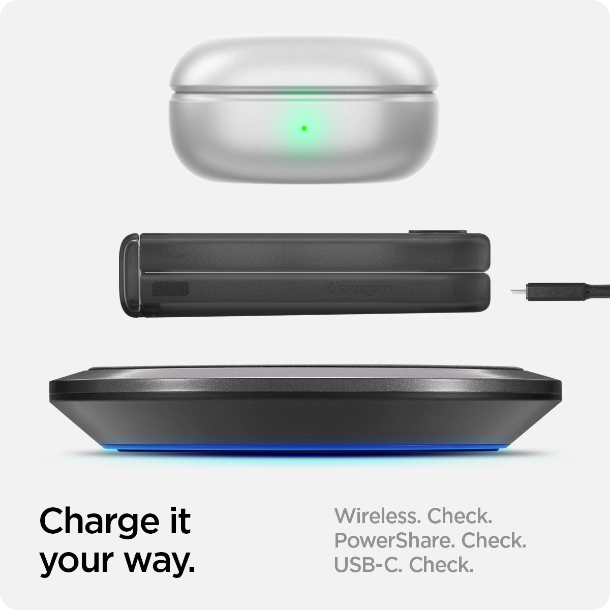 ACS07835 - Galaxy Z Flip 7 FE Case Ultra Hybrid Pro in Frost Gray showing how to charge it your way. Wireless, PowerShare and USB-C all check