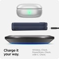 ACS08288 - Galaxy Z Flip 6 Case Ultra Hybrid Pro in Frost Navy Blue showing how to charge it your way. Wireless, PowerShare and USB-C all check