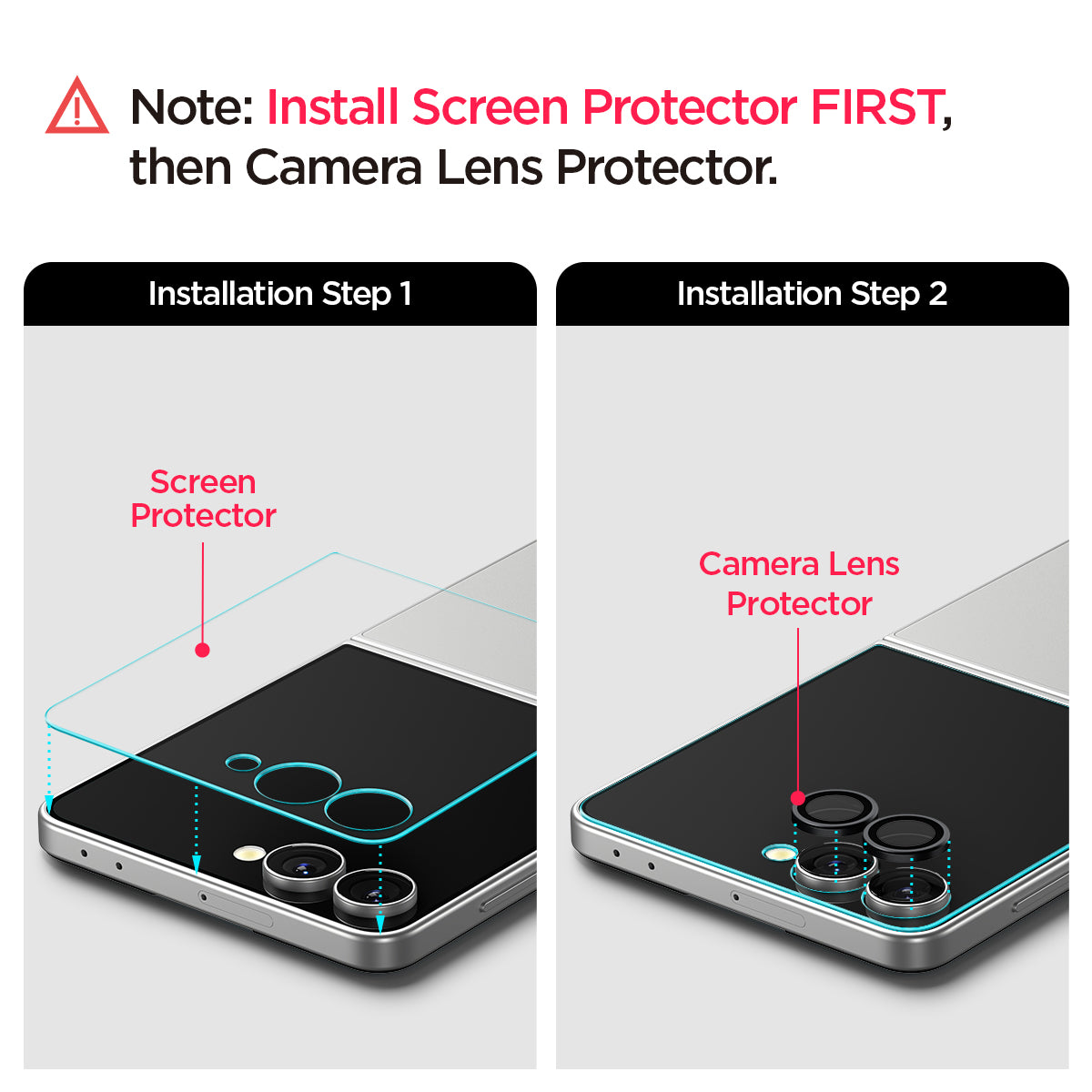 AGL09584 - Galaxy Z Flip 7 Optik Pro EZ Fit Lens Protector in black showing the installation process. Install the screen protector first and then the camera lens protector after