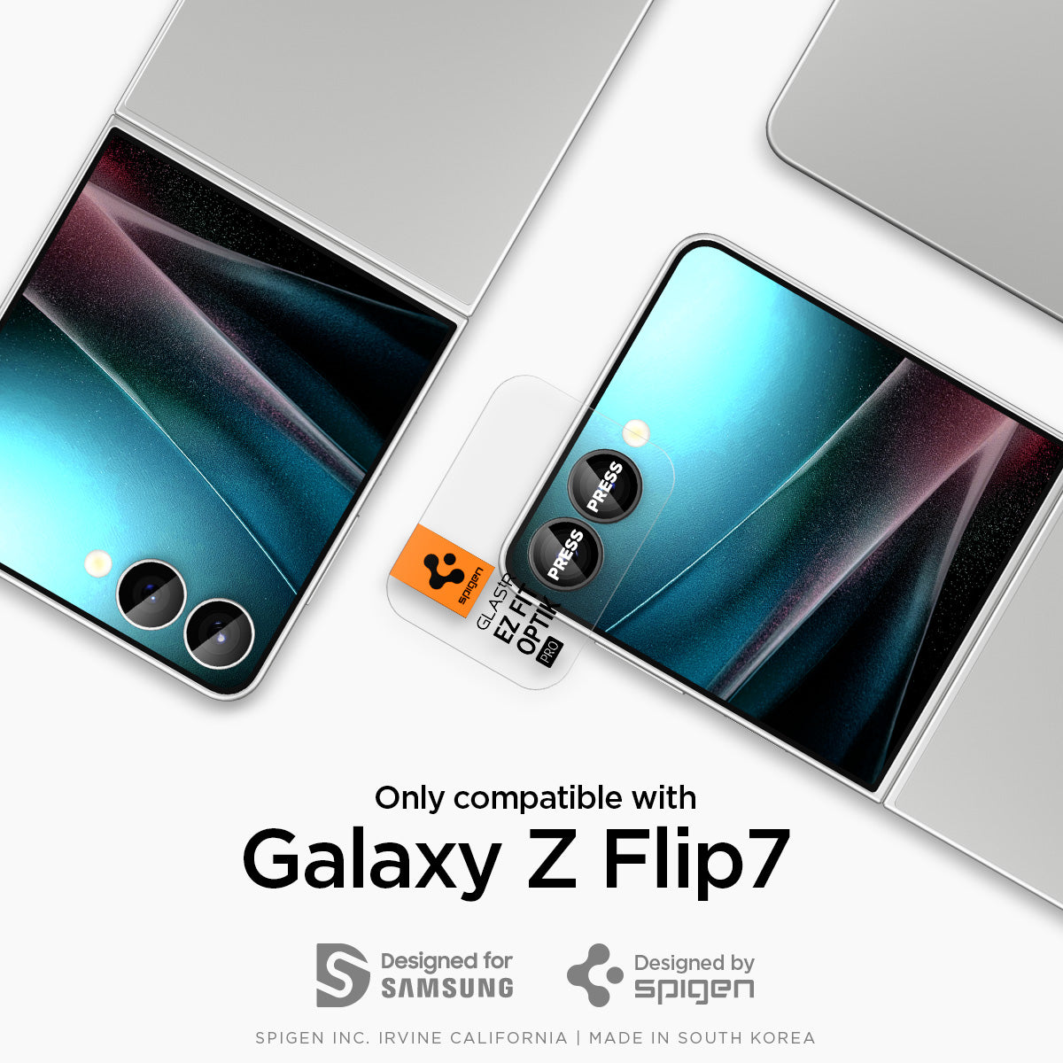 AGL09584 - Galaxy Z Flip 7 Optik Pro EZ Fit Lens Protector in black showing the compatibility. Only compatible with Galaxy Z Flip 7