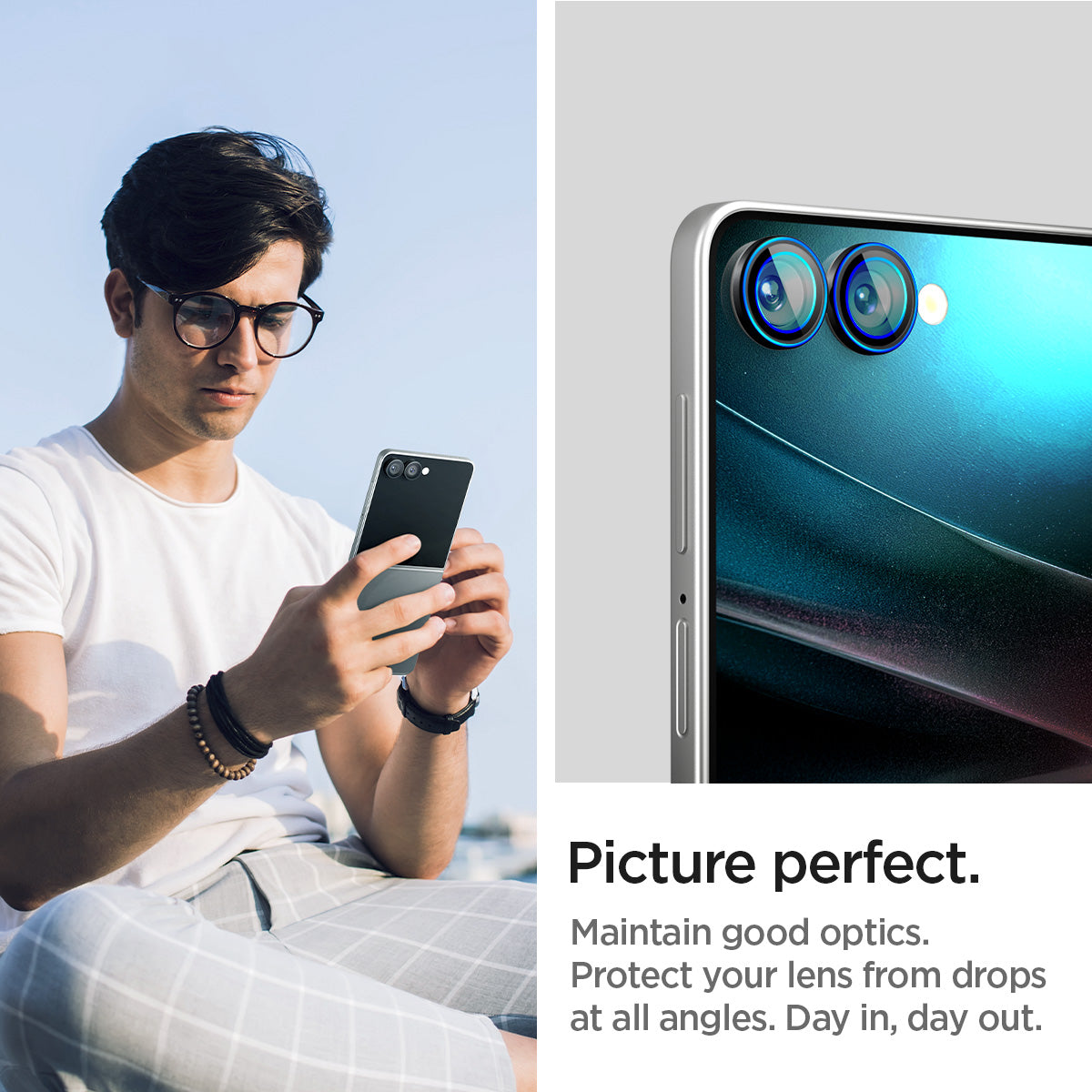 AGL09584 - Galaxy Z Flip 7 Optik Pro EZ Fit Lens Protector in black showing picture perfect. Maintain good optics. Protect your lens from drops at all angles. Day in, day out