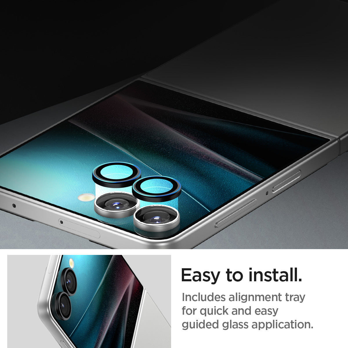 AGL09584 - Galaxy Z Flip 7 Optik Pro EZ Fit Lens Protector in black showing the easy to install process. Includes alignment tray for quick and easy guided glass application