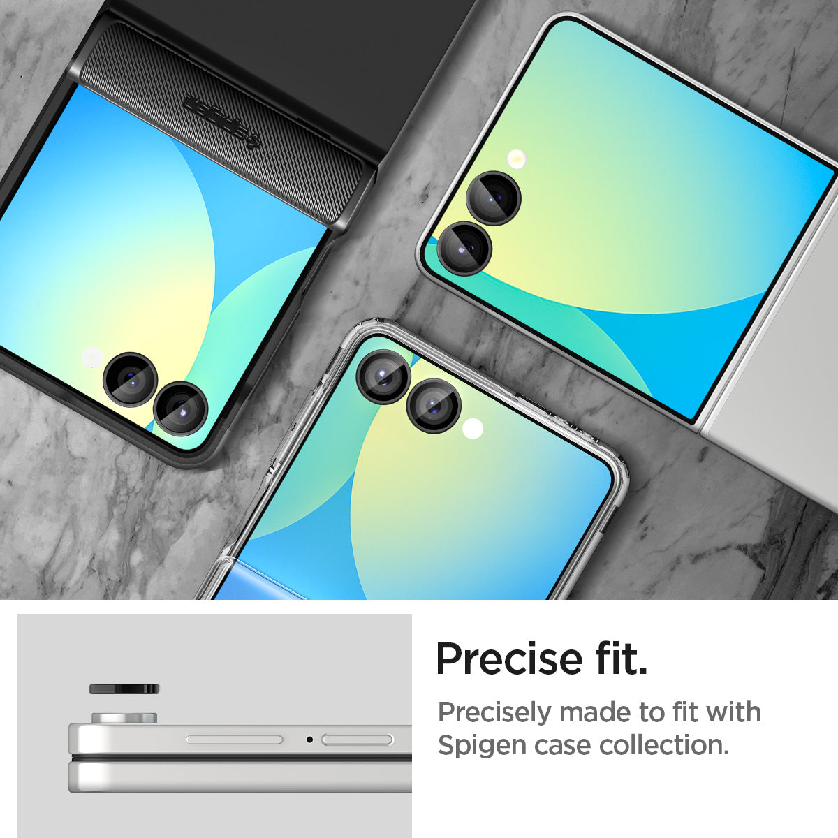 AGL09584 - Galaxy Z Flip 7 Optik Pro EZ Fit Lens Protector in black showing the precise fit. Precisely made to fit with Spigen case collection