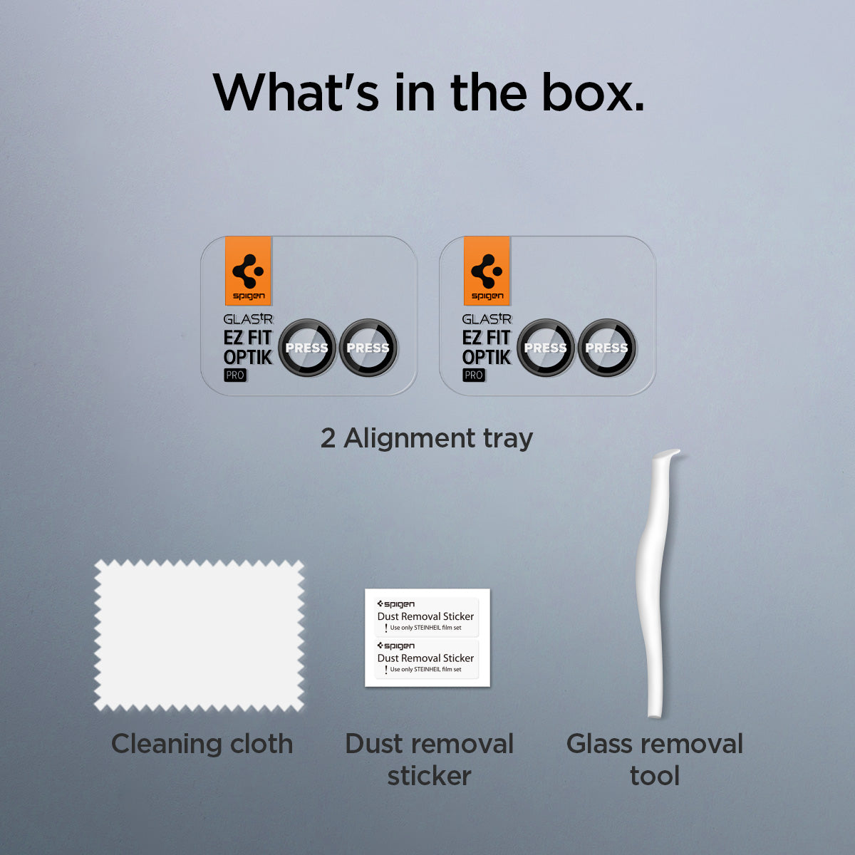 AGL09584 - Galaxy Z Flip 7 Optik Pro EZ Fit Lens Protector in black showing what's in the box. 2 alignment trays, cleaning cloth, dust removal sticker and glass removal tool