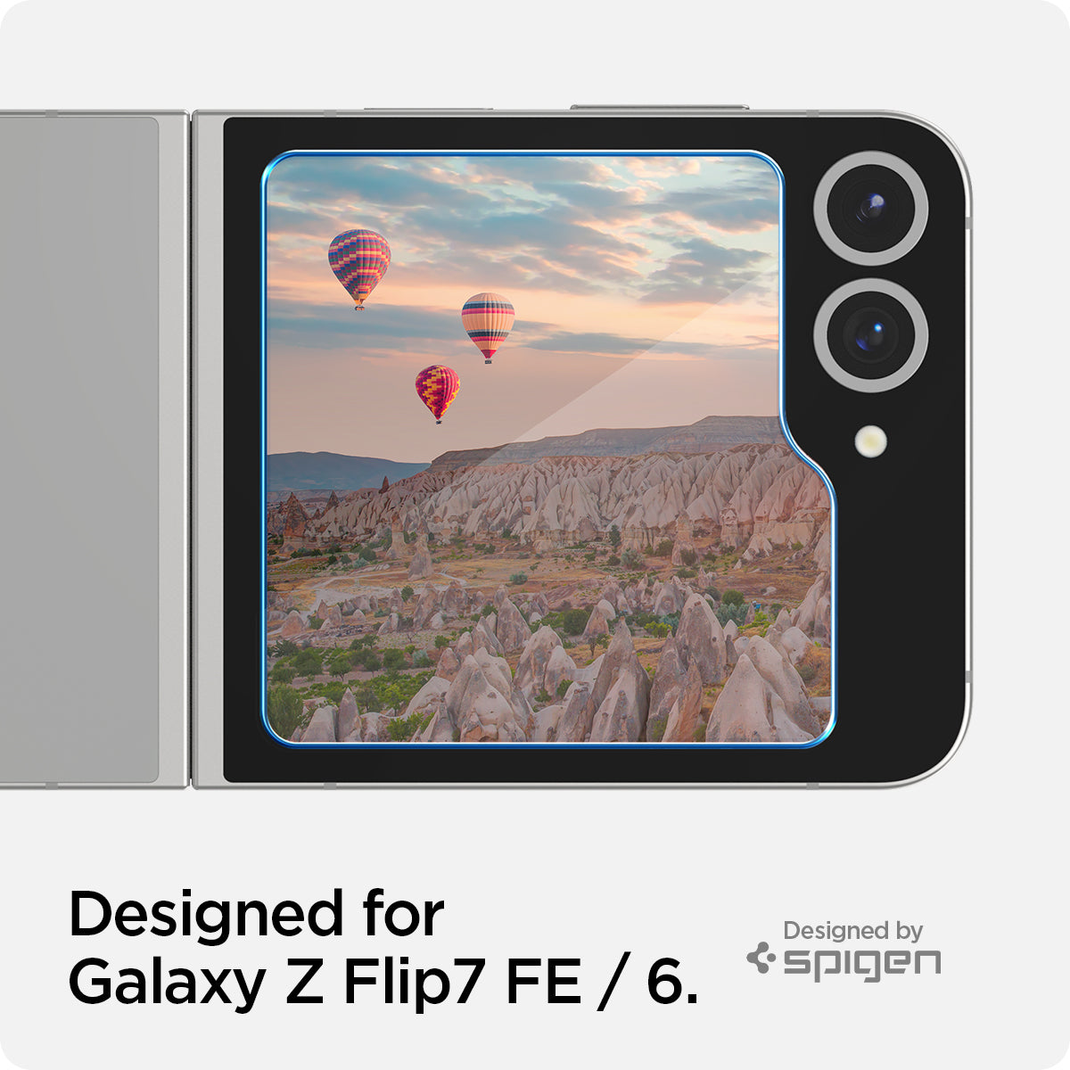 AGL07972 - Galaxy Z Flip 7 FE GLAS.tR EZ Fit showing the back screen with lens camera zoomed in