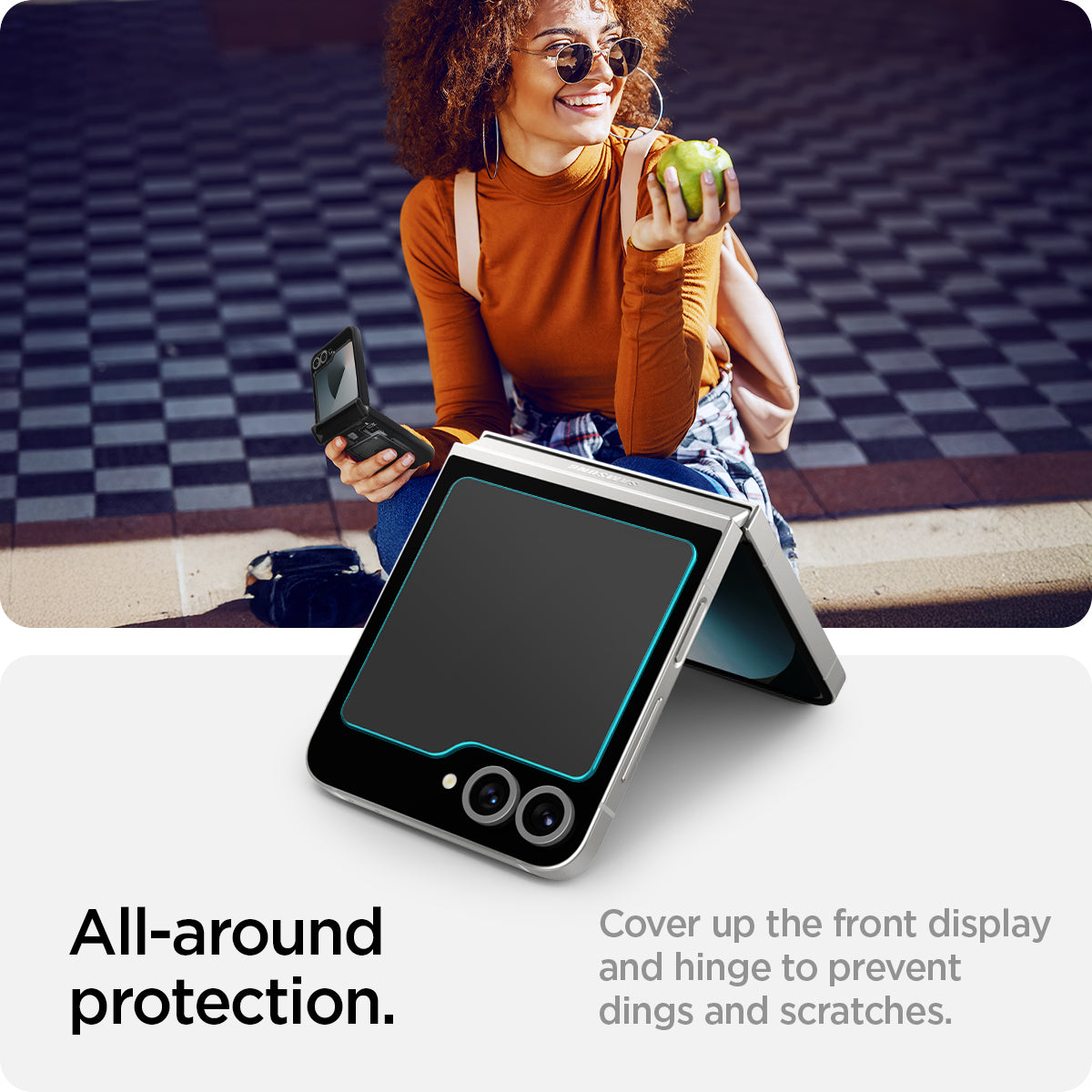 AGL07972 - Galaxy Z Flip 7 FE GLAS.tR EZ Fit showing the all-around protection. Cover up the front display and hinge to prevent dings and scratches