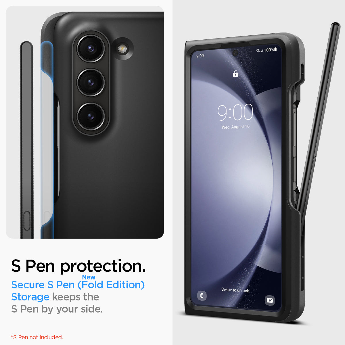ACS06209 - Galaxy Z Fold 5 Case Thin Fit Pro in black showing the S Pen protection. Secure S Pen (New Fold Edition), Storage keeps the S Pen by your side