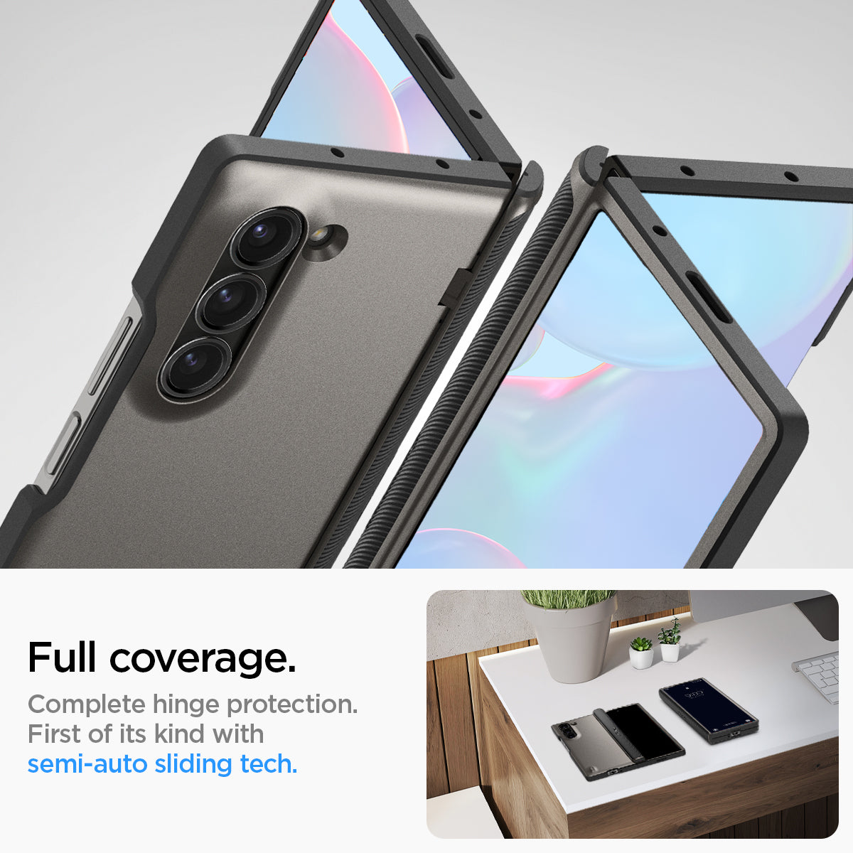 ACS07821 - Galaxy Z Fold 6 Case Slim Armor Pro in Gunmetal showing the full coverage. Complete hinge protection. First of its kind with semi-auto sliding tech