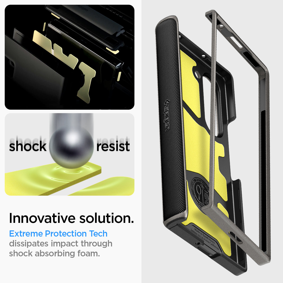 ACS07821 - Galaxy Z Fold 6 Case Slim Armor Pro in Gunmetal showing the innovative solution. Shock resist. Extreme Protection Tech, dissipates impact through shock absorbing foam