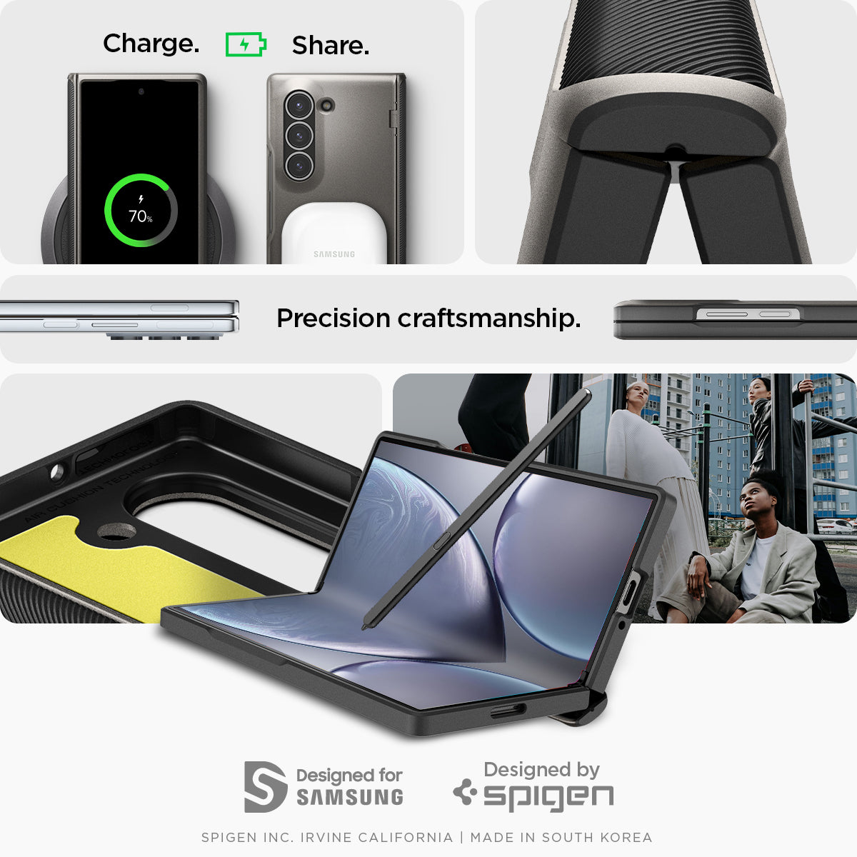 ACS07821 - Galaxy Z Fold 6 Case Slim Armor Pro in Gunmetal showing the different angles and charging options