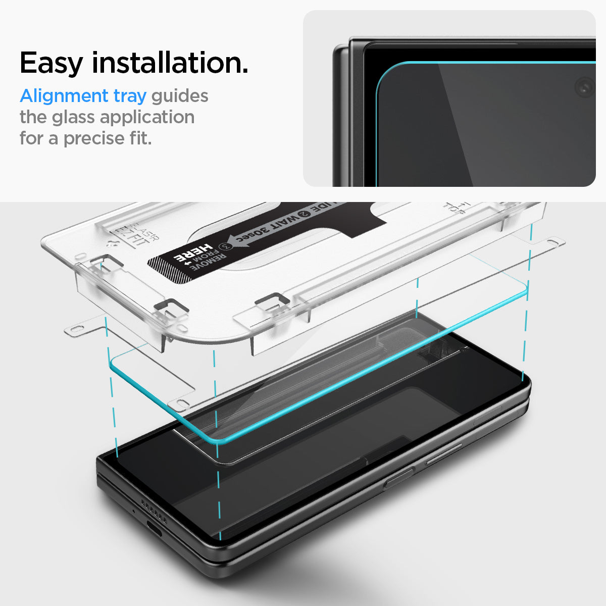 AGL06523 - Galaxy Z Fold 5 Series Screen Protector EZ FIT GLAS.tR showing the easy installation. Alignment tray guides the glass application for a precise fit
