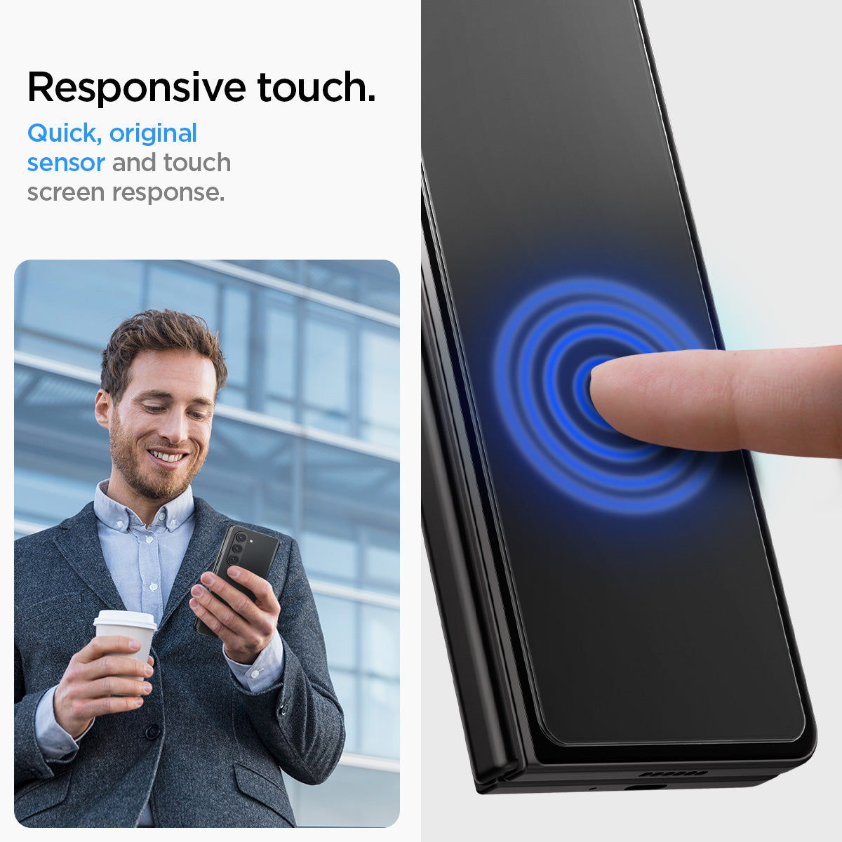 AGL06523 - Galaxy Z Fold 5 Series Screen Protector EZ FIT GLAS.tR showing the responsive touch. Quick original sensor and touch screen response