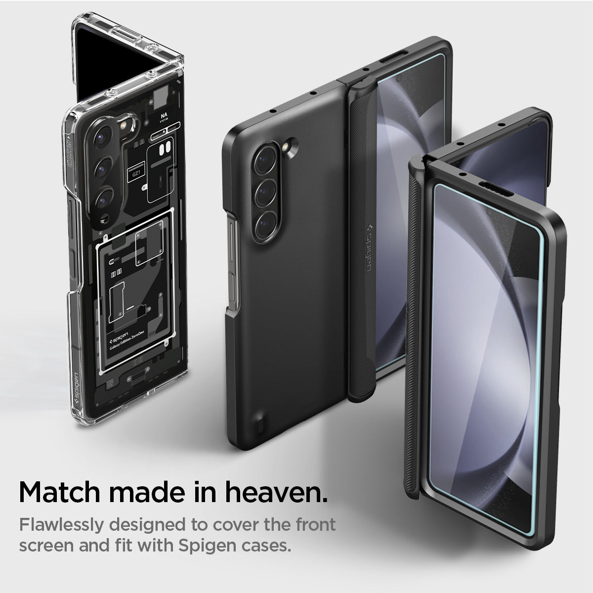 AGL06523 - Galaxy Z Fold 5 Series Screen Protector EZ FIT GLAS.tR showing the flawlessly designed to cover the front screen and fit with Spigen cases