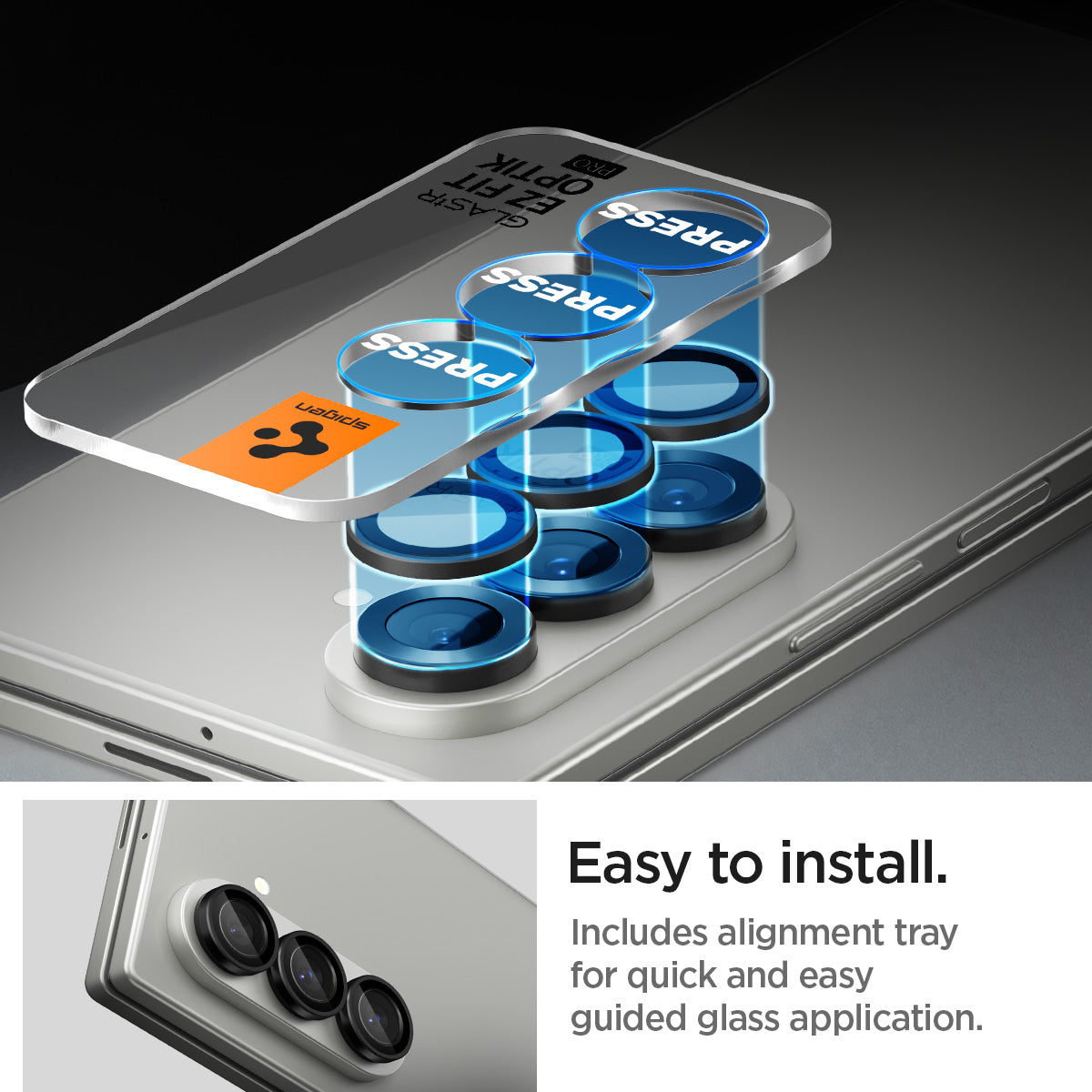 AGL09578 - Galaxy Z Fold 7 Optik Pro EZ Fit showing the easy to install process. Includes alignment tray for quick and easy guided glass application
