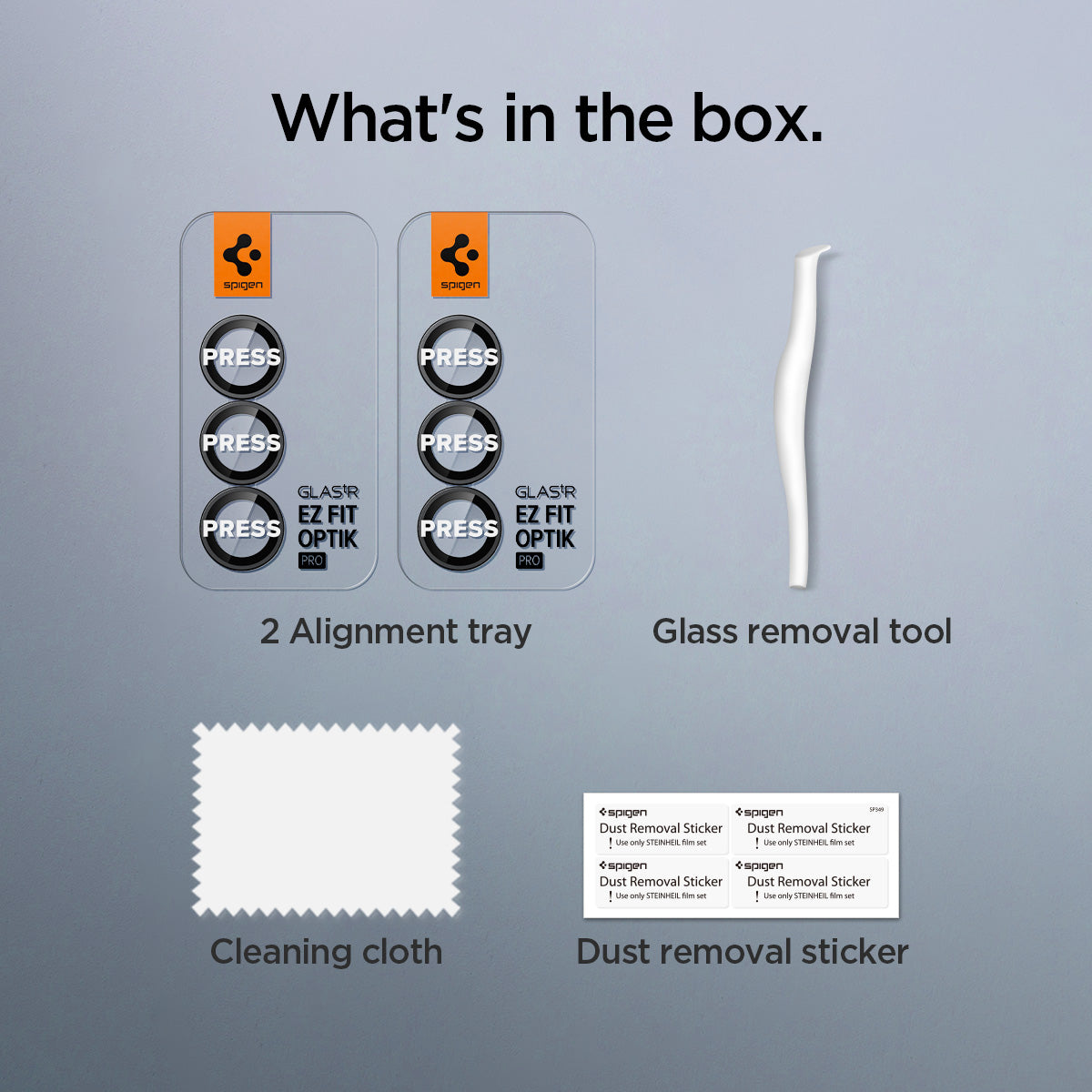 AGL09578 - Galaxy Z Fold 7 Optik Pro EZ Fit showing what's in the box. 2 alignment trays, cleaning cloth, dust removal sticker and glass removal tool