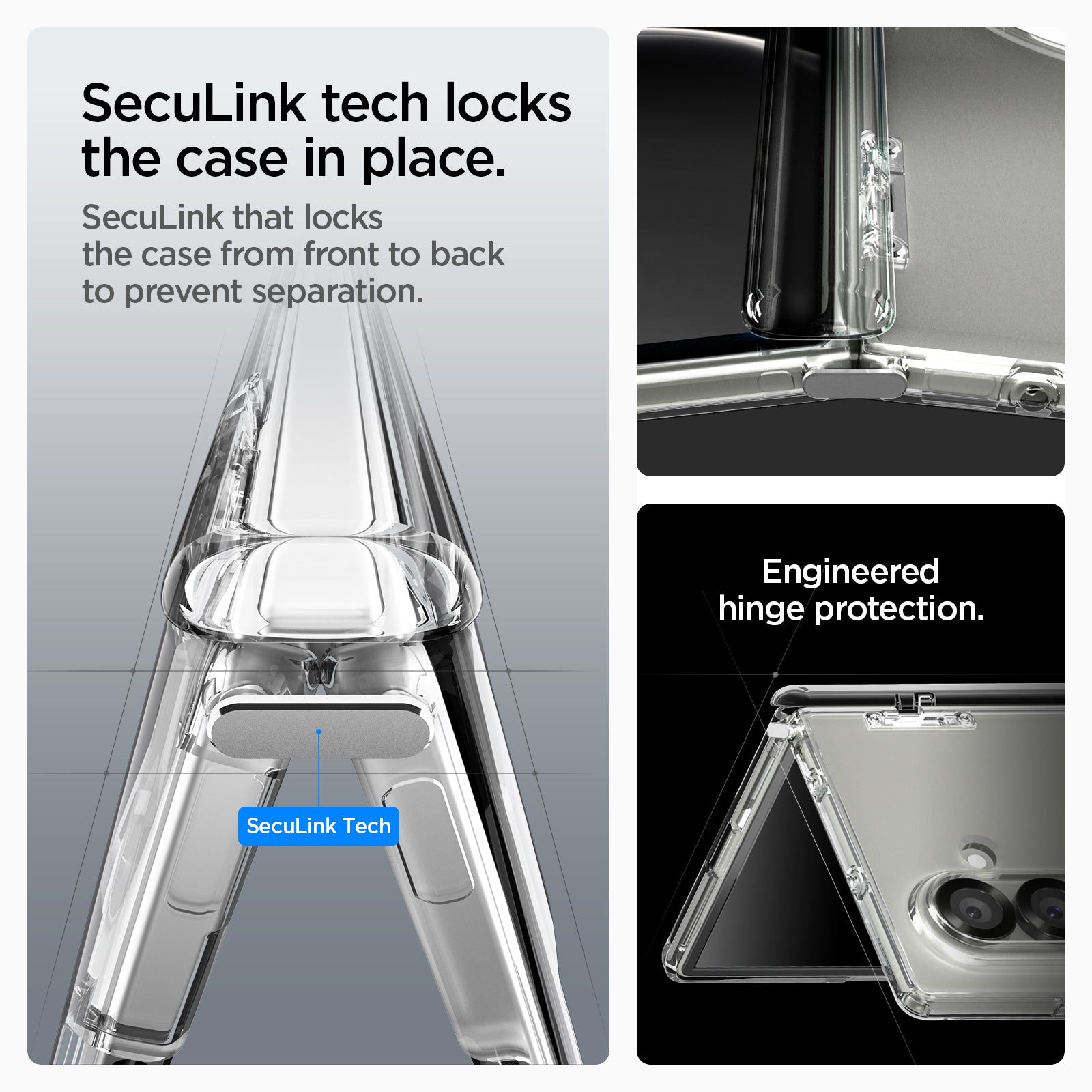 ACS09546 - Galaxy Z Fold 7 Ultra Hybrid Pro (MagFit) SecuLink tech locks the case in place. SecuLink that looks the case from front to back to prevent separation. Engineered hinge protection.