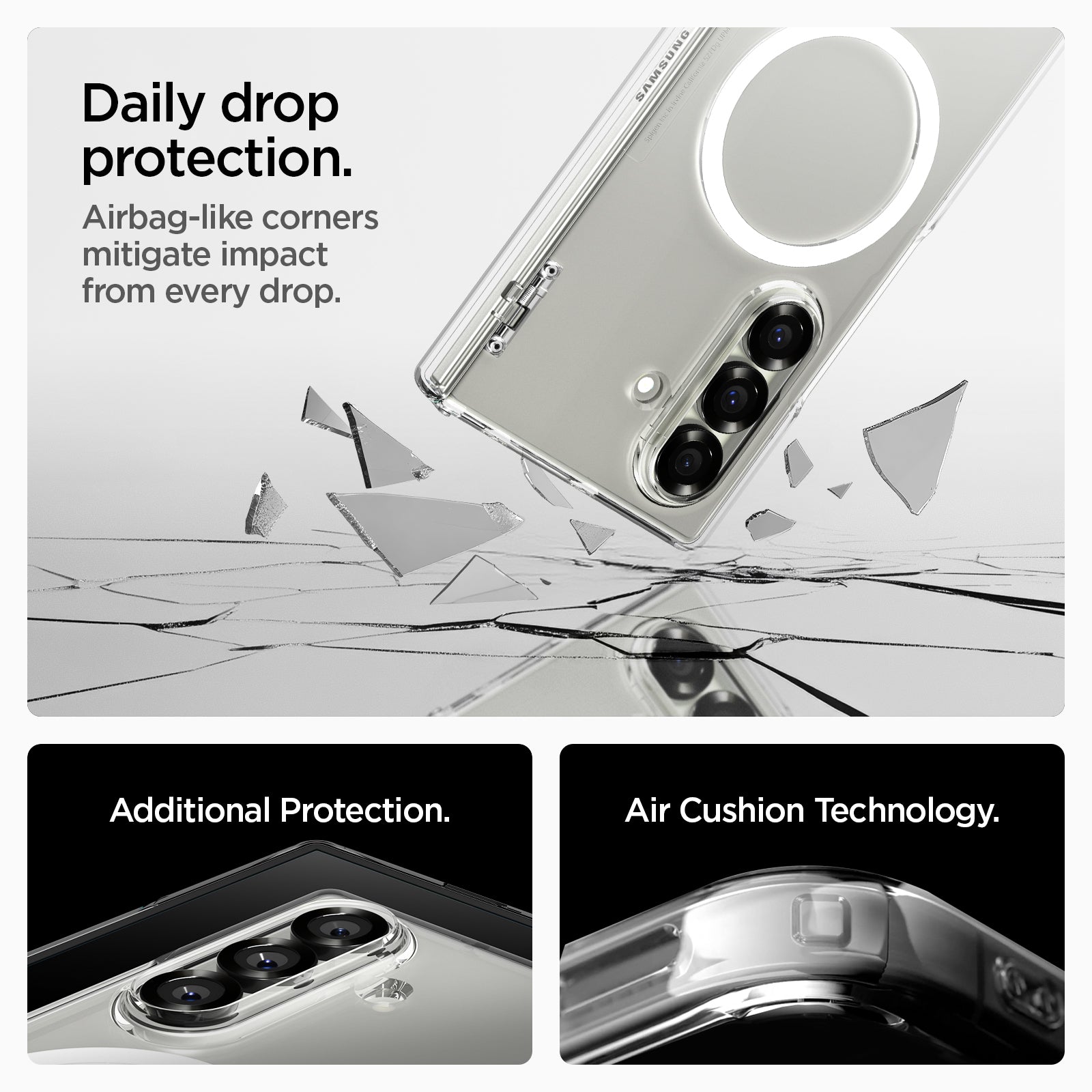 ACS09546 - Galaxy Z Fold 7 Ultra Hybrid Pro (MagFit) daily drop protection. Airbag like corners mitigate impact from every drop. Additional protection. Air cushion technology.