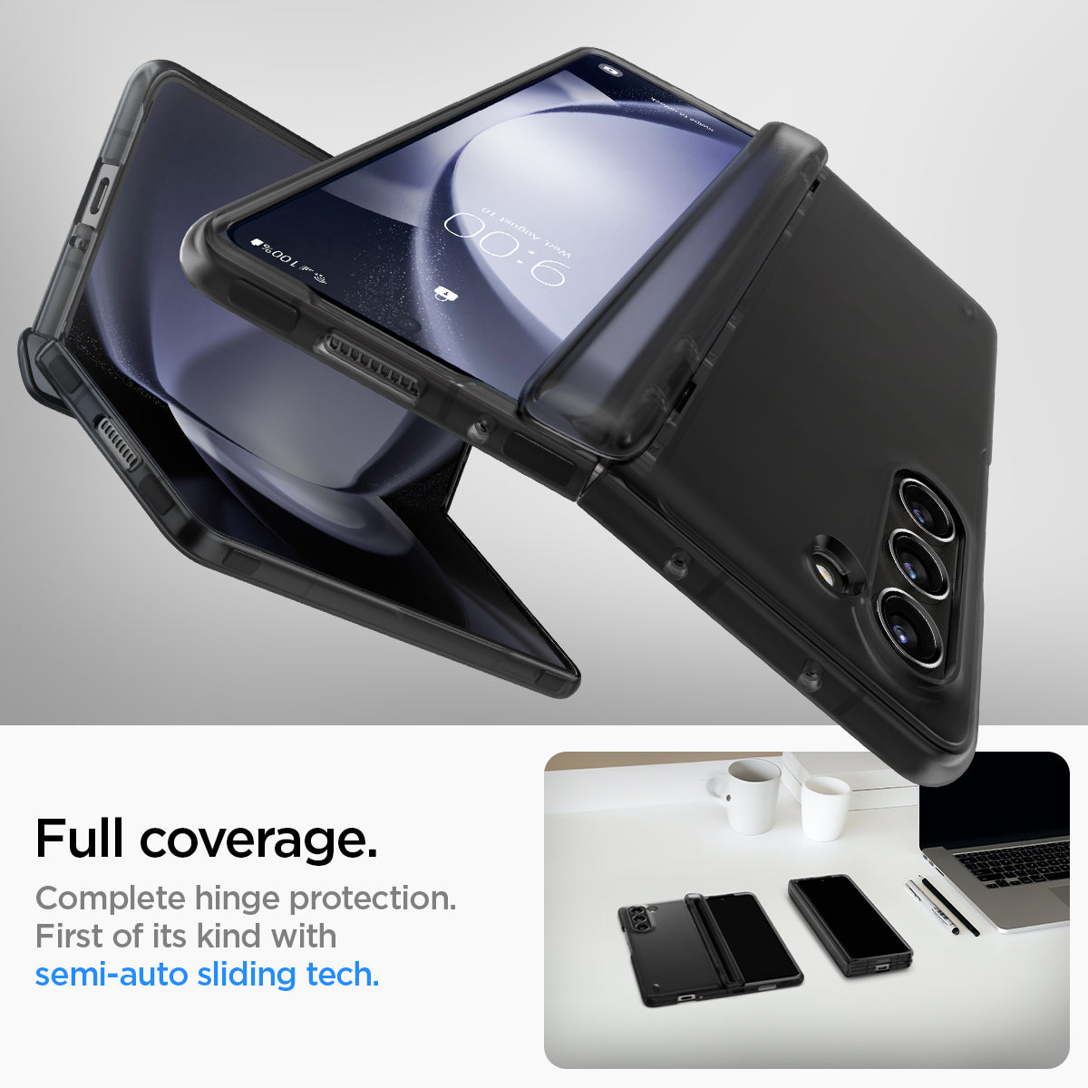 ACS06517 - Galaxy Z Fold 5 Case Thin Fit Pro in frost gray showing the full coverage. Complete hinge protection. First of its kind with semi-auto sliding tech